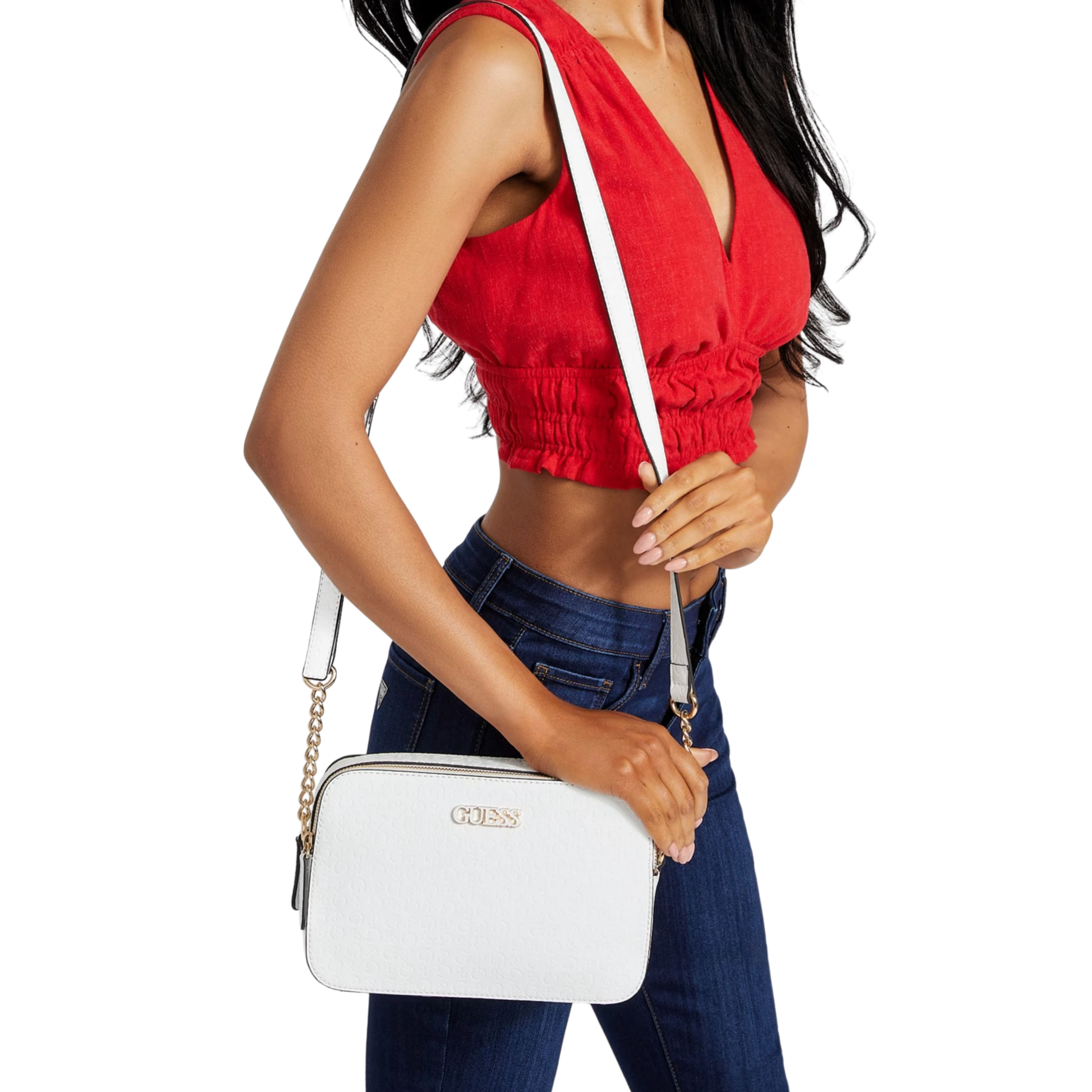 Guess Women Zakaria Debossed Logo Double Zip Crossbody - White