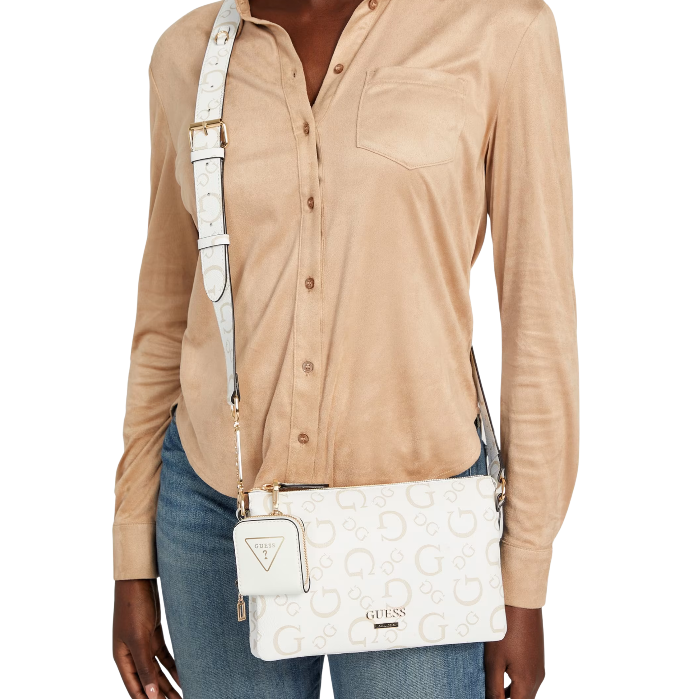 Guess Women Oona Logo Top Zip Crossbody - White