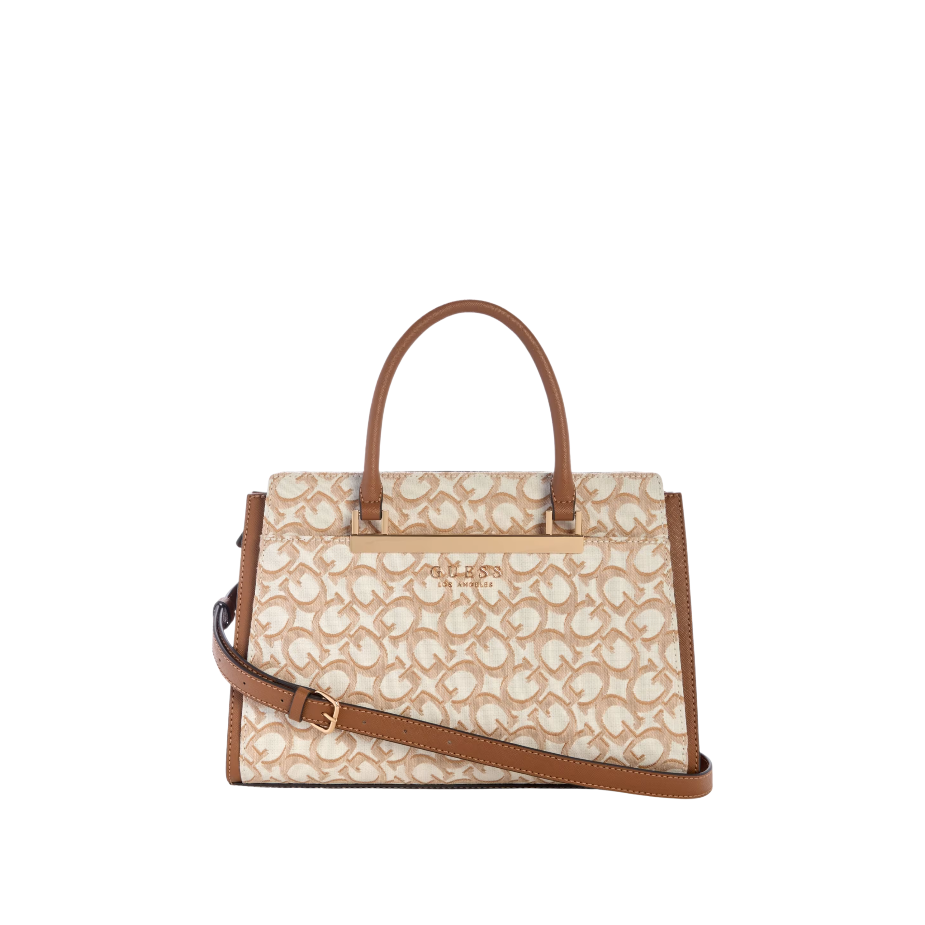 Guess Women Marva Jacquard Logo Satchel - Beige