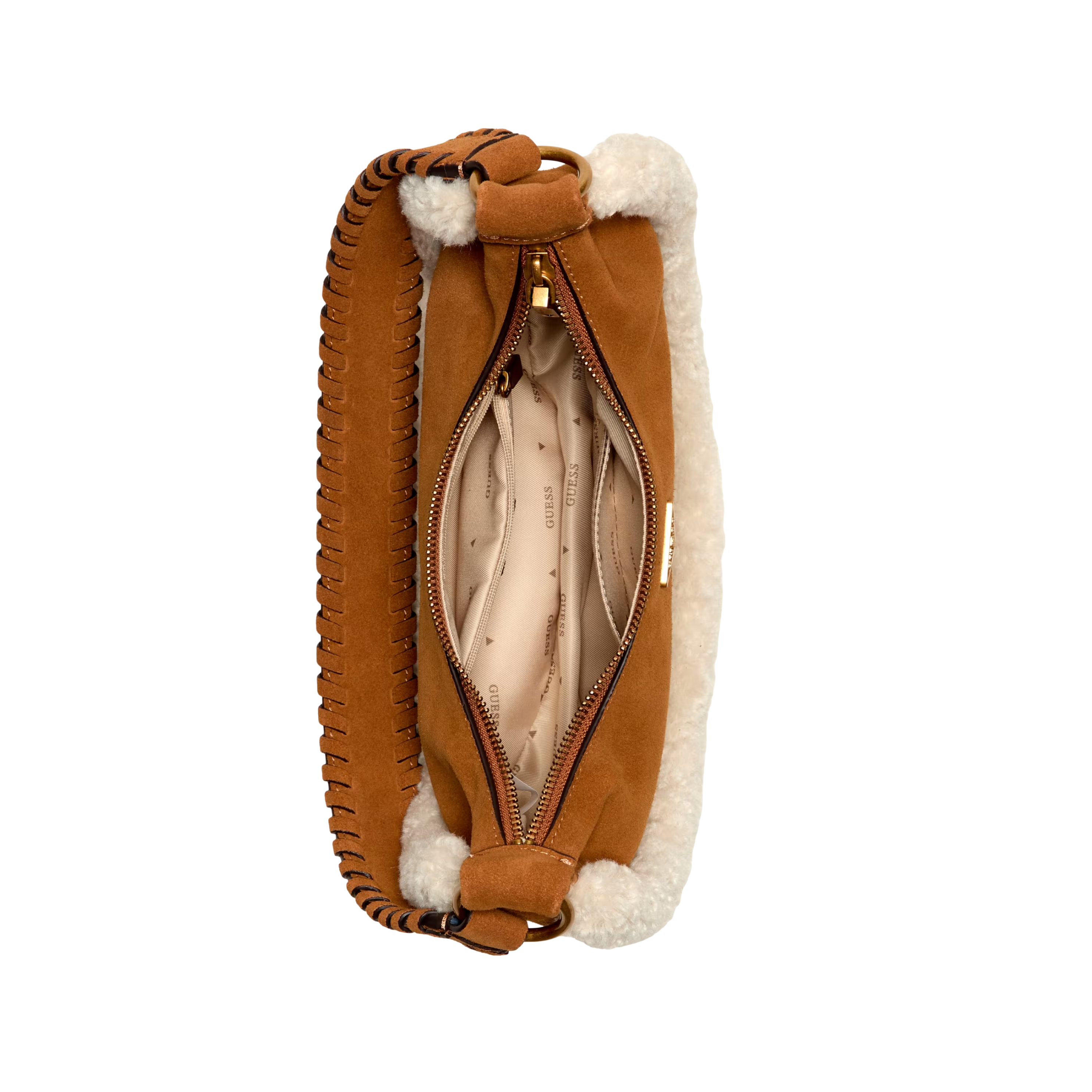 Guess Women Amita Suede and Shearling Trim Hobo Bag - Cognac