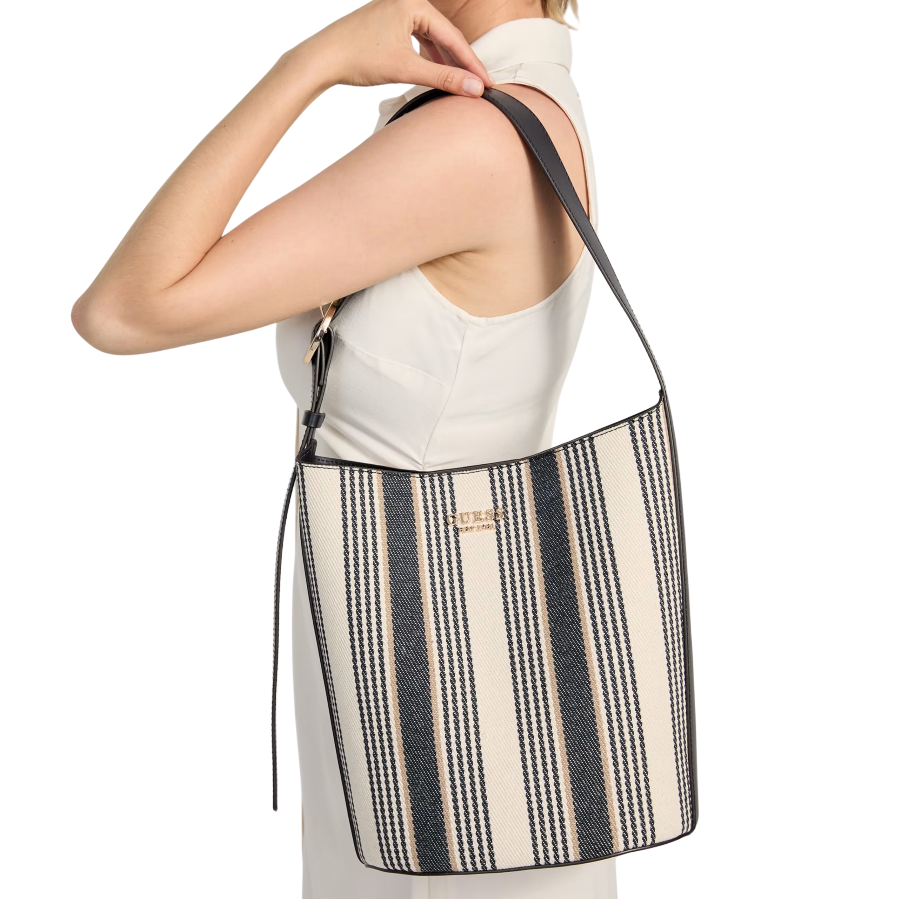Guess Women Nicolette Striped Canvas Large Bucket Bag - Nude Multi