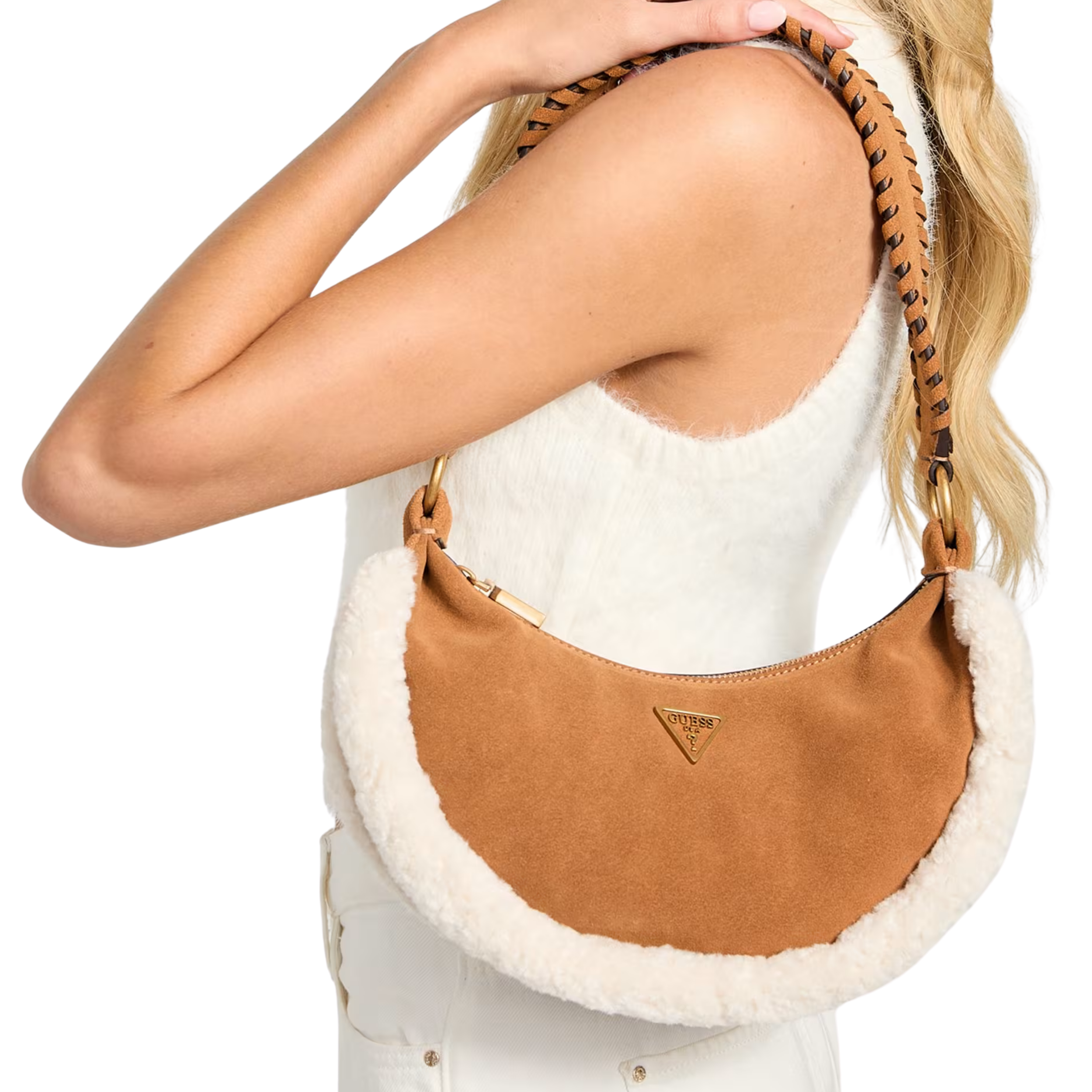 Guess Women Amita Suede and Shearling Trim Hobo Bag - Cognac