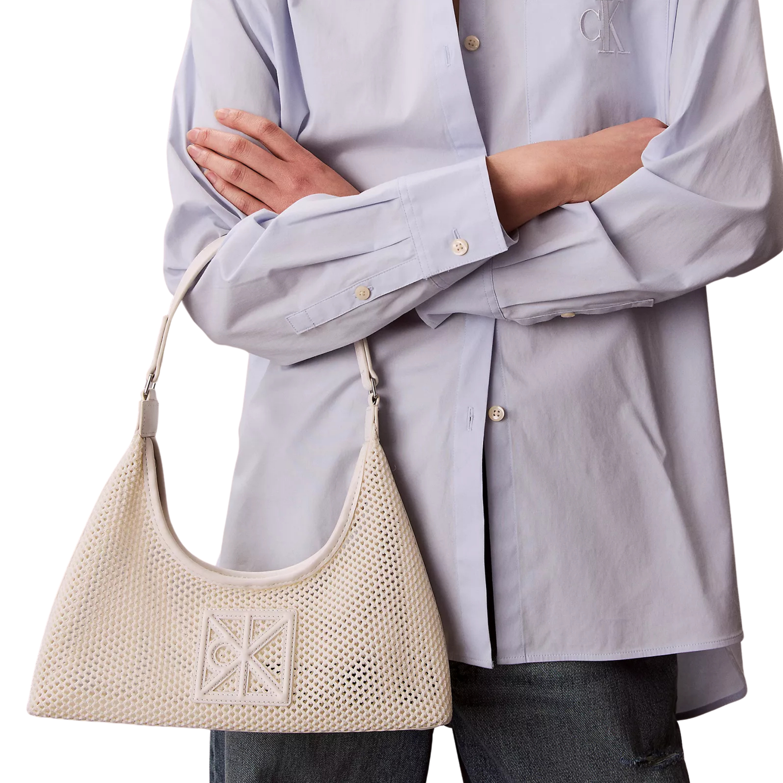 Calvin Klein Women Emblem Logo Mesh Shoulder Bag - White Alyssum