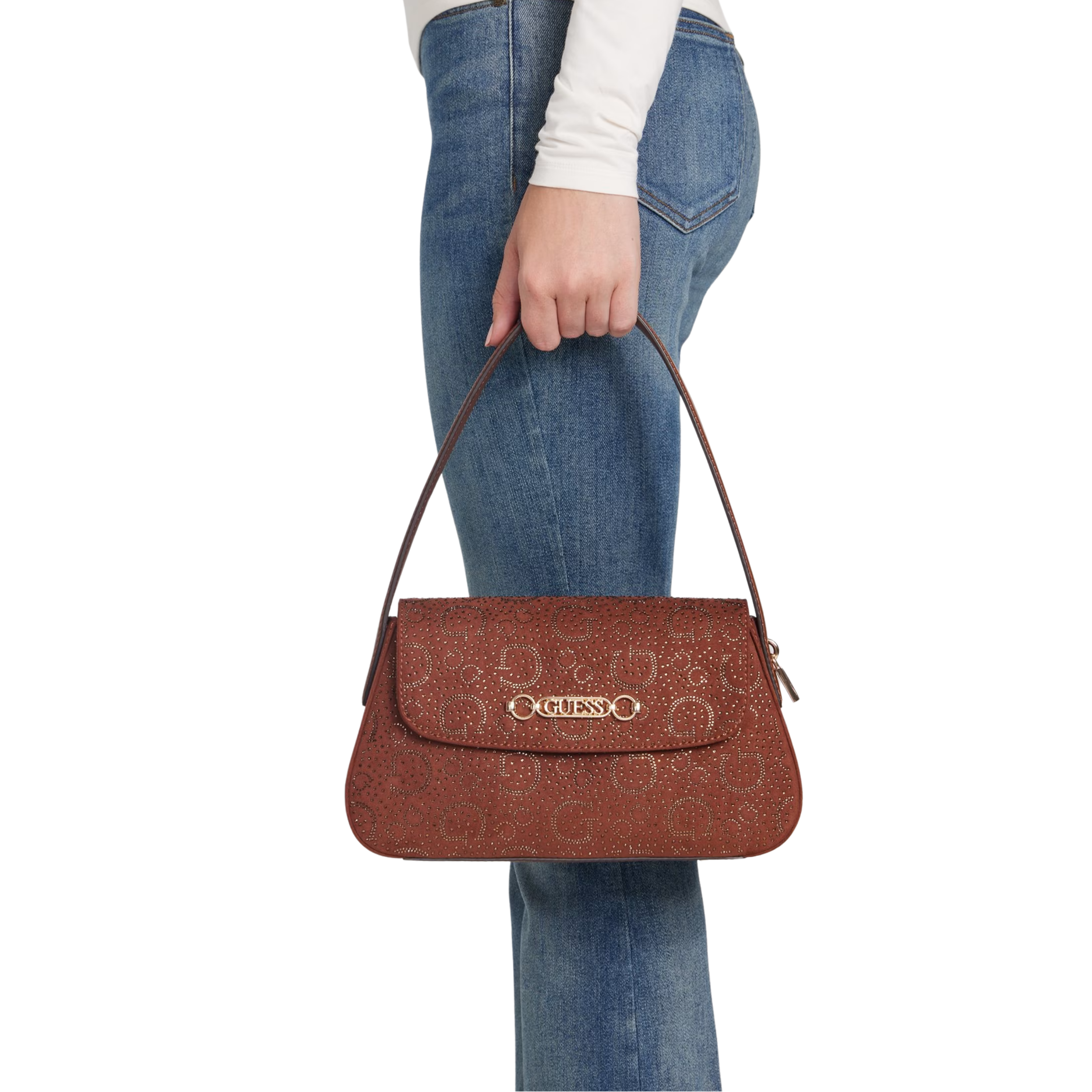 GUESS Women Avelina Rhinestone Logo Shoulder Bag - Brown