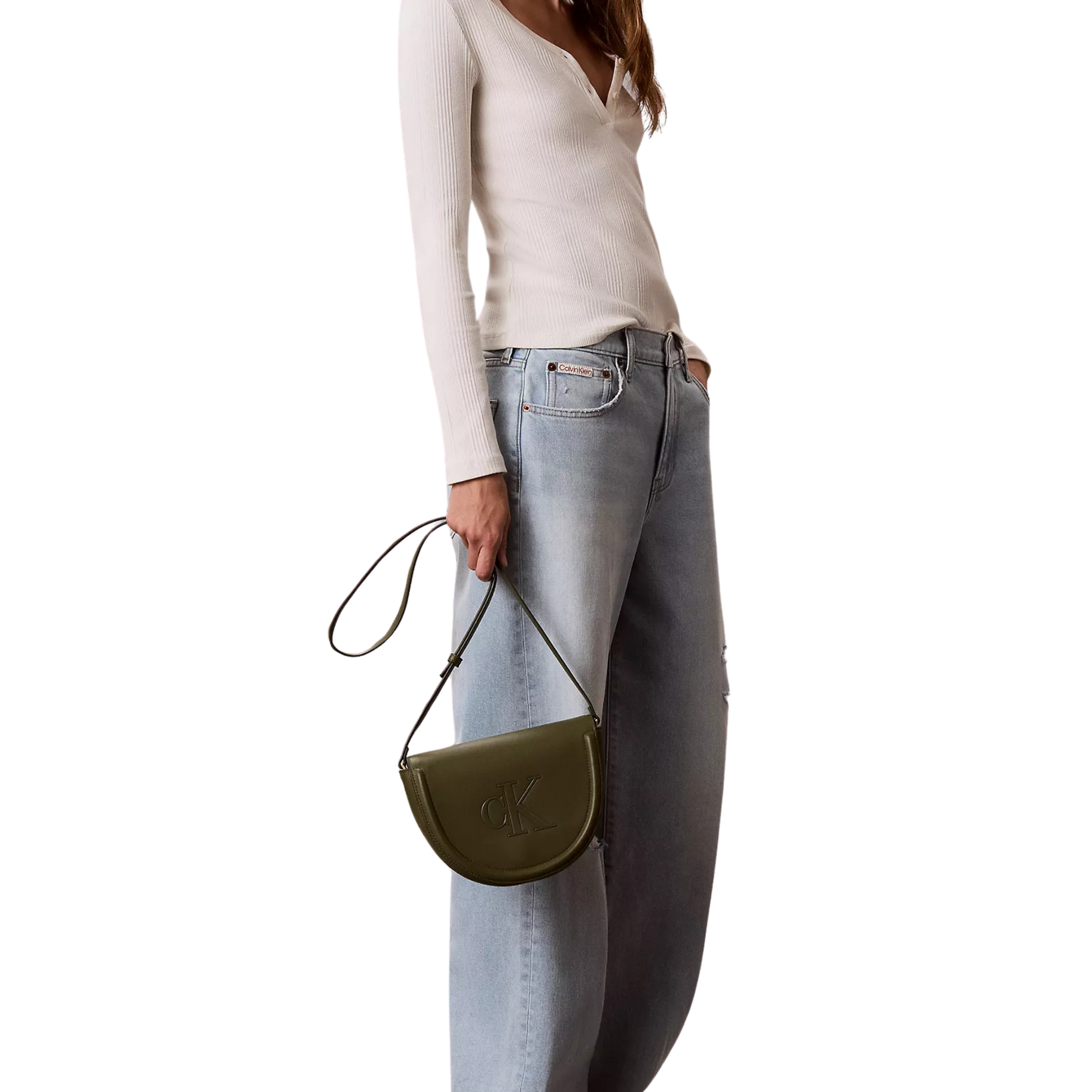 Calvin Klein Women Embossed Monogram Saddle Bag - Cypress