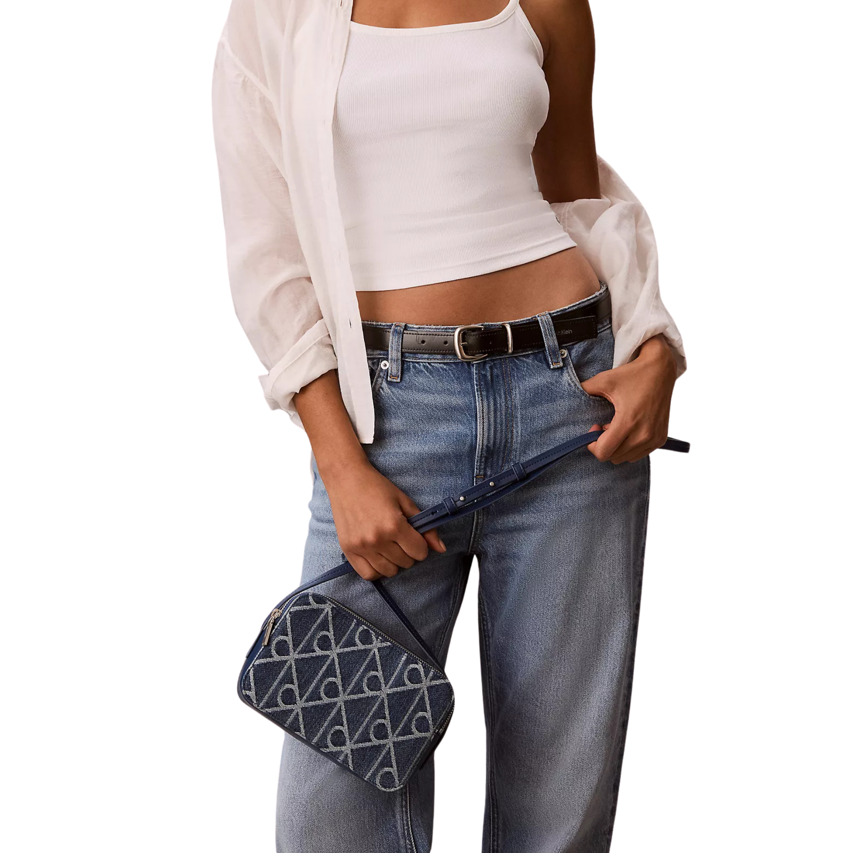 Calvin Klein Women Allover Emblem Logo Denim Camera Bag - Denim Medium Wash