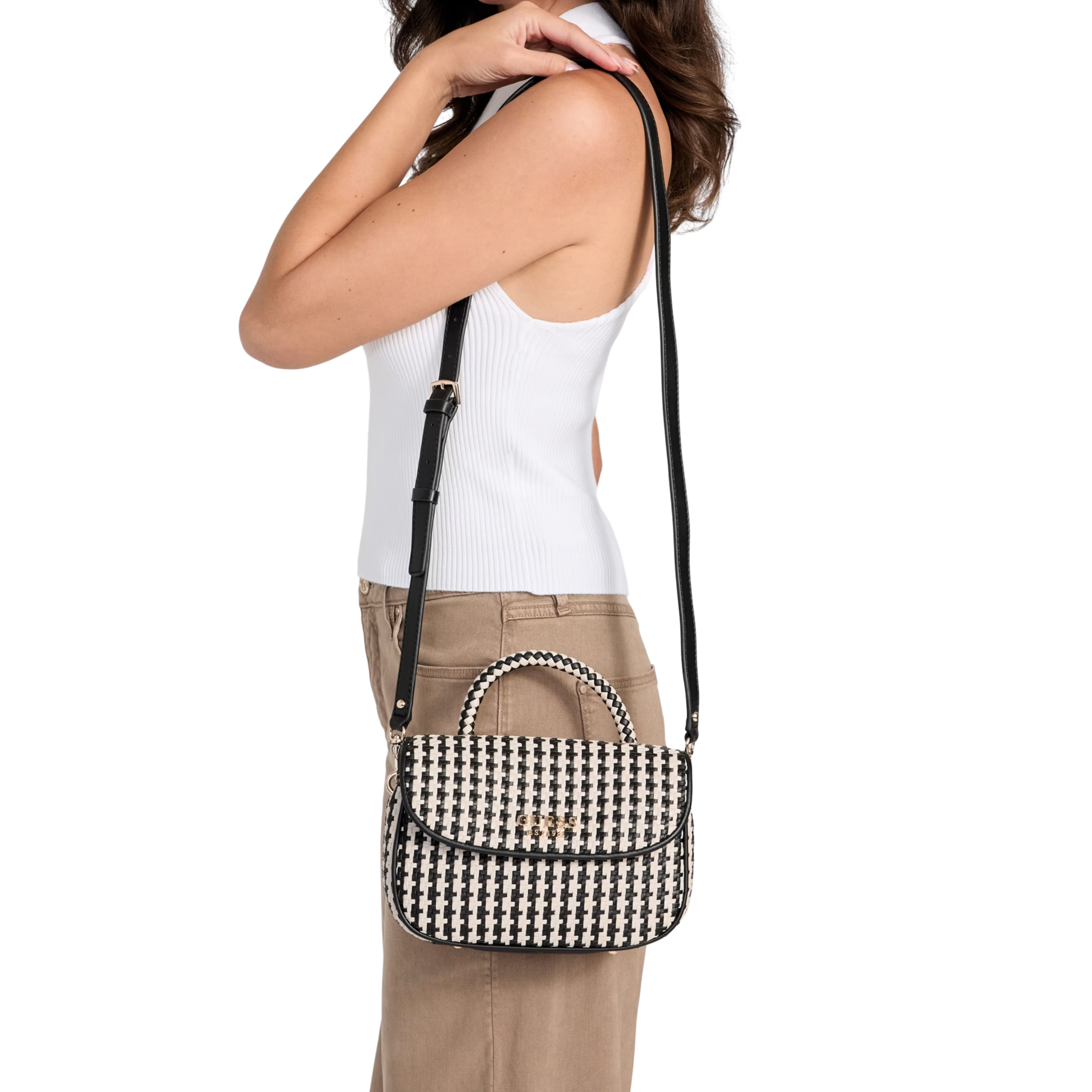 Guess Women Mirema Woven Top Handle Bag - Marble black White