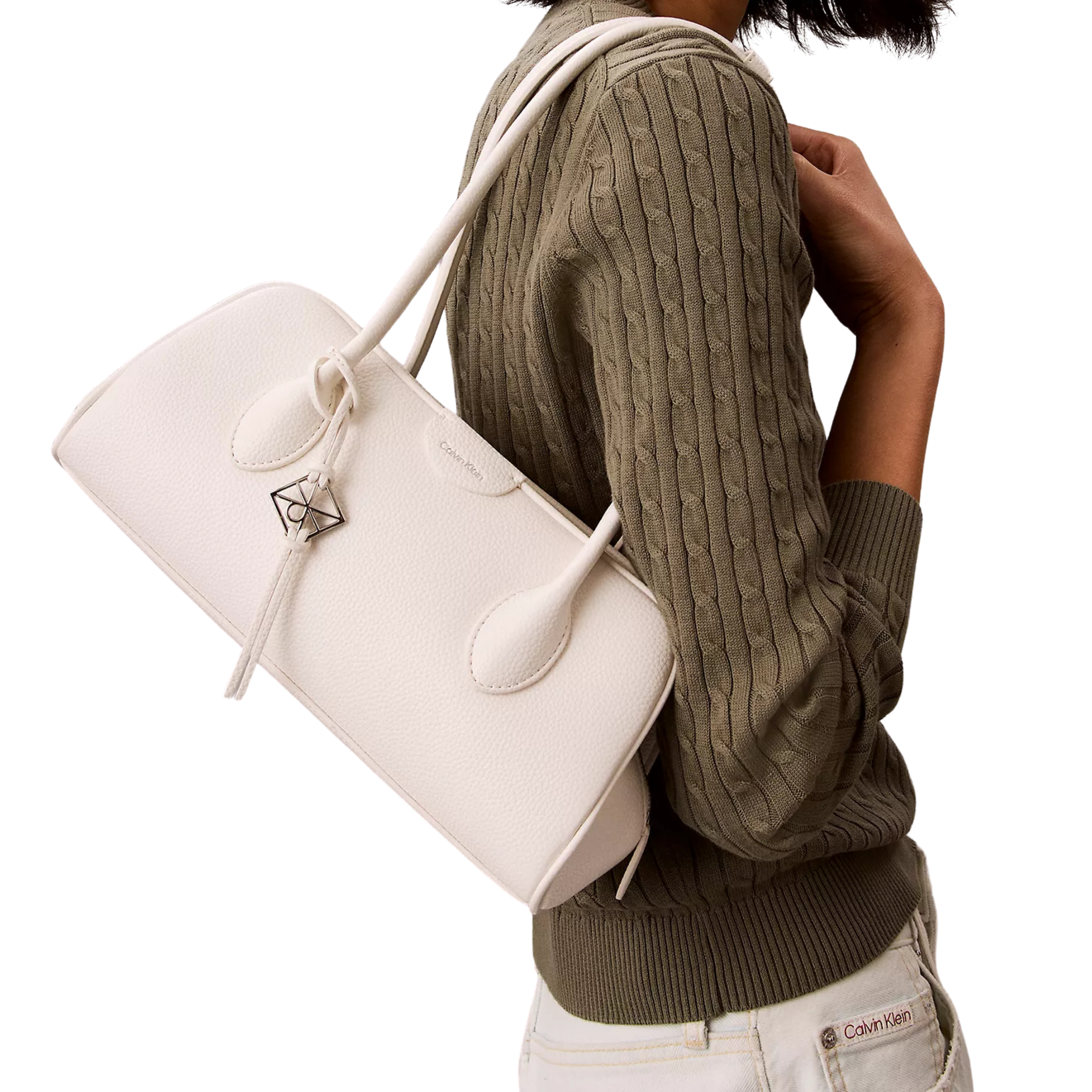 Calvin Klein Women Emblem Logo Shoulder Bag - White Alyssum