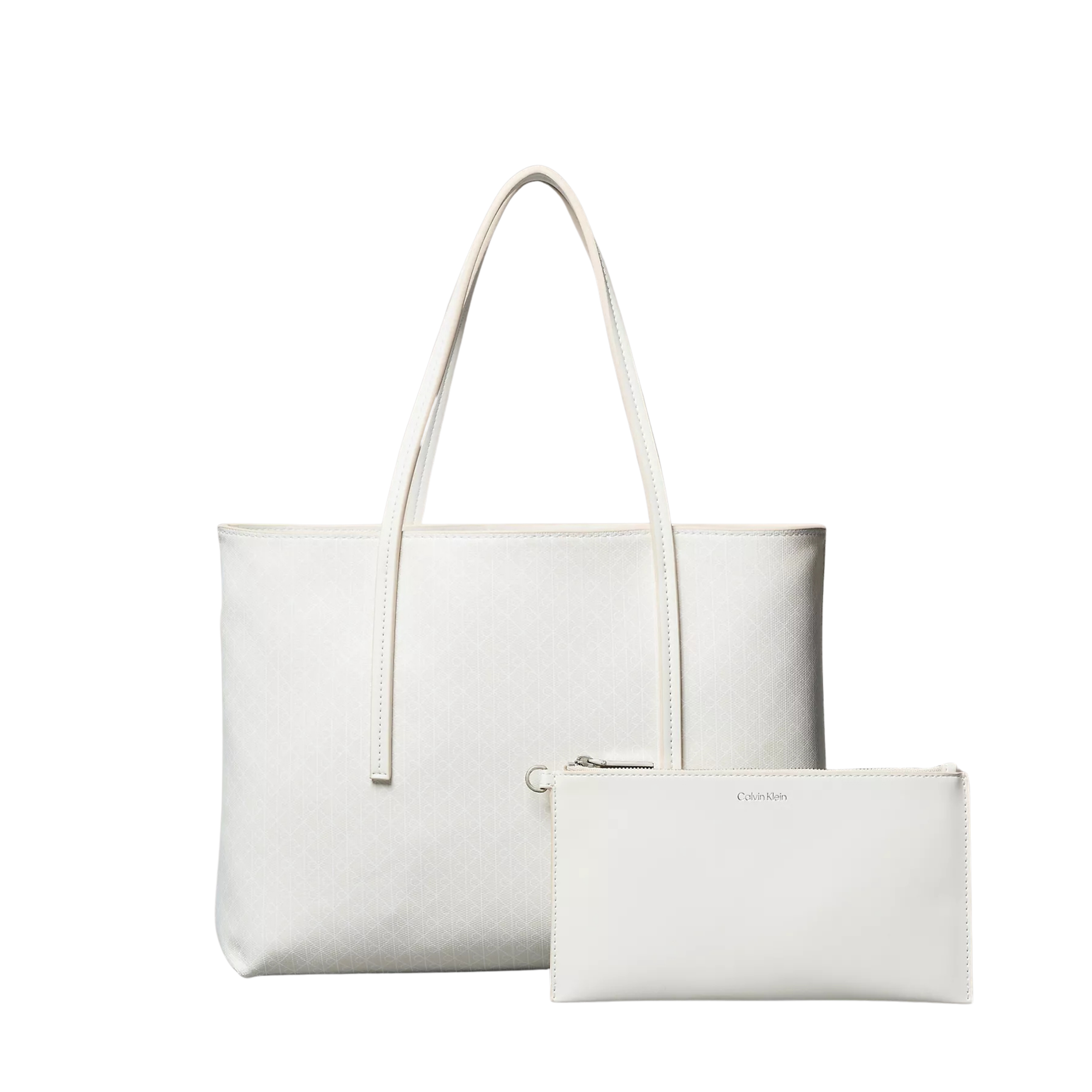 Calvin Klein Women Allover Emblem Logo Small Tote Bag With Pouch - Lily White Aop