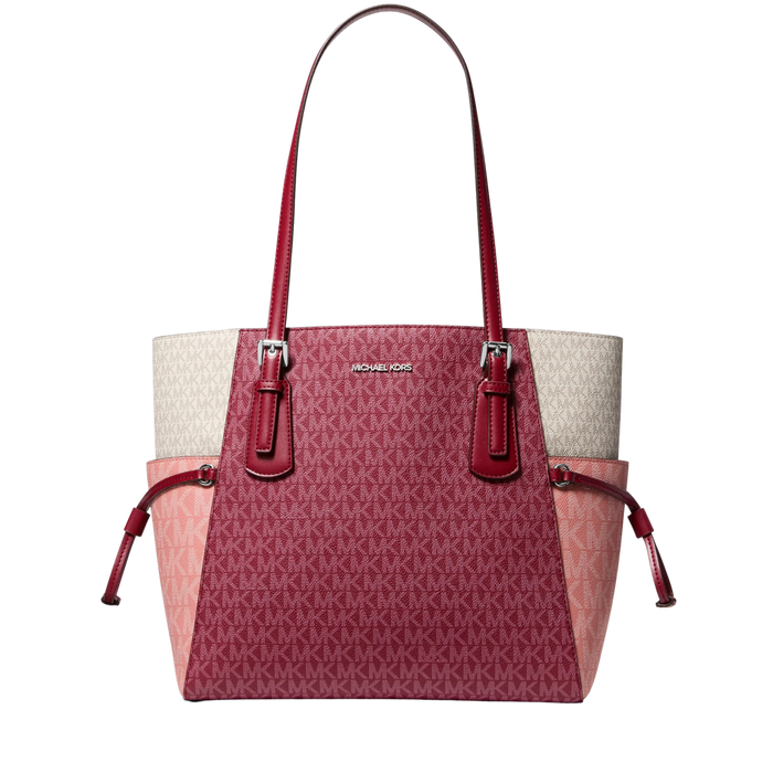 Michael Kors Women Voyager Large Color Block Signature Logo Tote Bag - Maroon