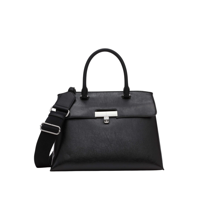 Calvin Klein Women Becky Turn Lock Satchel Bag - Black Silver Waxed