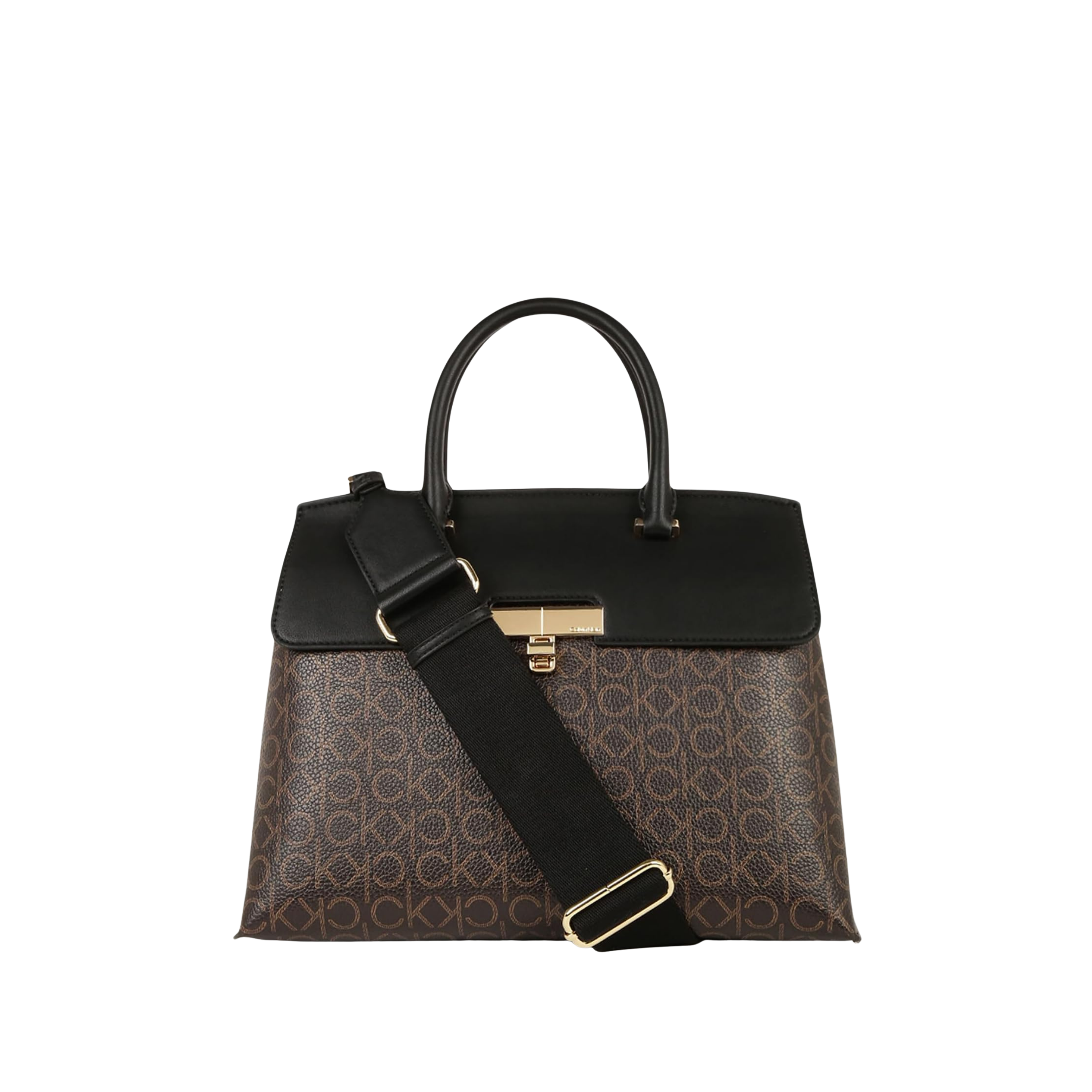Calvin Klein Women Becky Turn Lock Satchel Bag - Brown Khaki Black