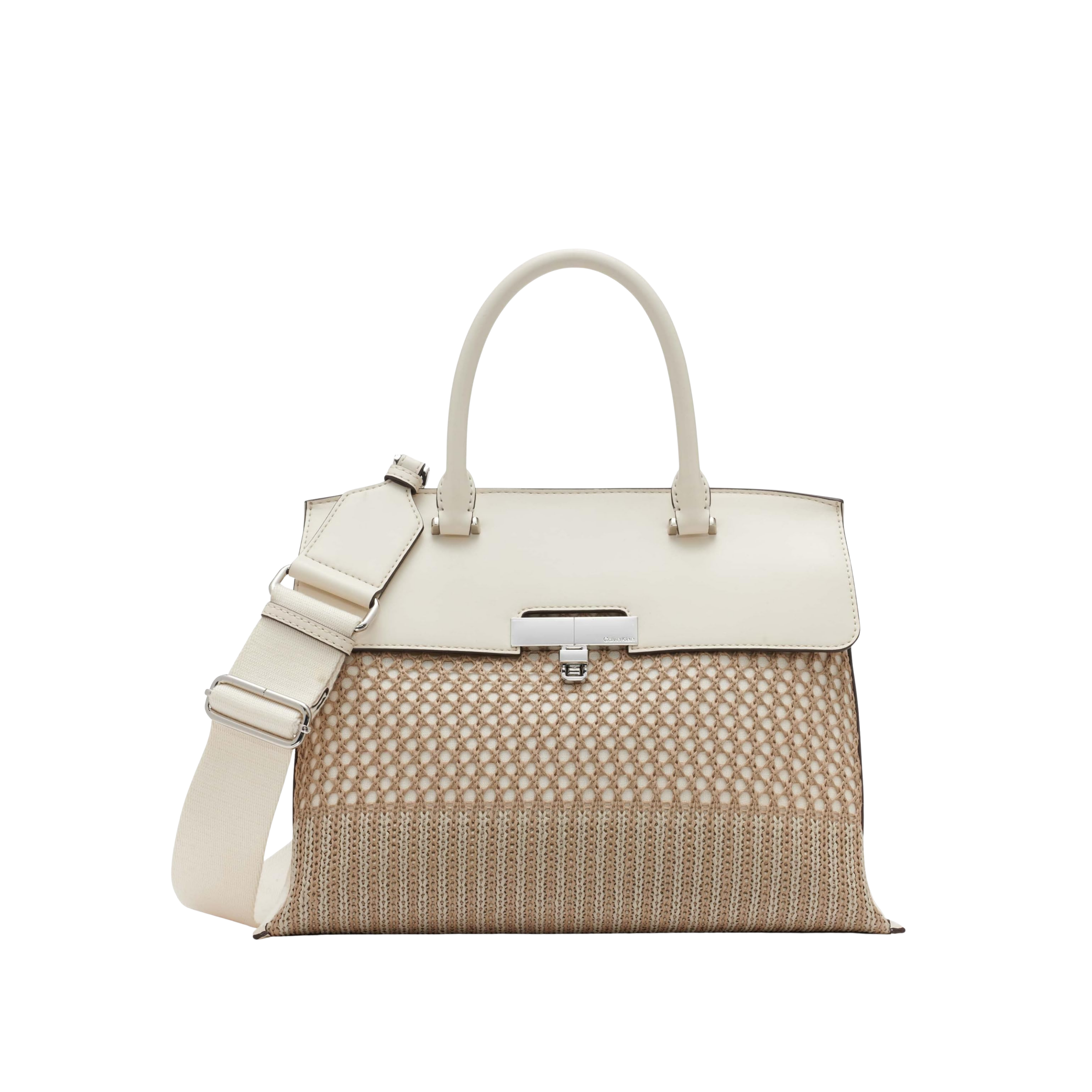 Calvin Klein Women Becky Turn Lock Satchel Bag - Neutral White Woven