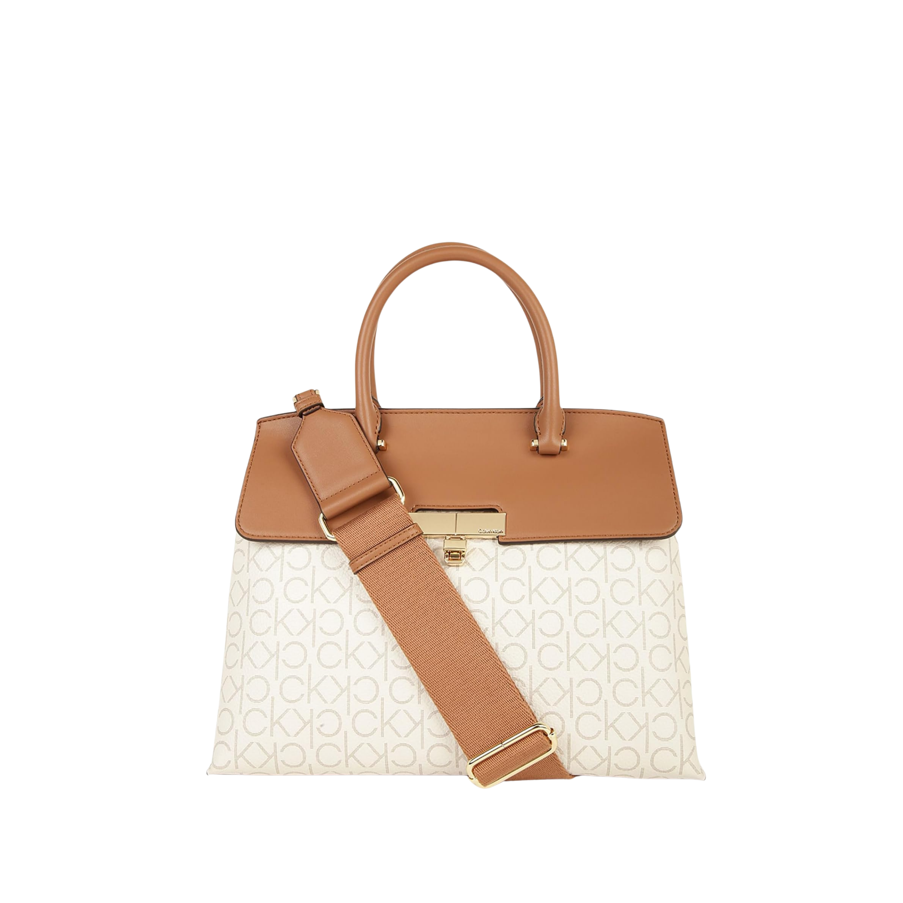 Calvin Klein Women Becky Turn Lock Satchel Bag - Vanilla Khaki Caramel