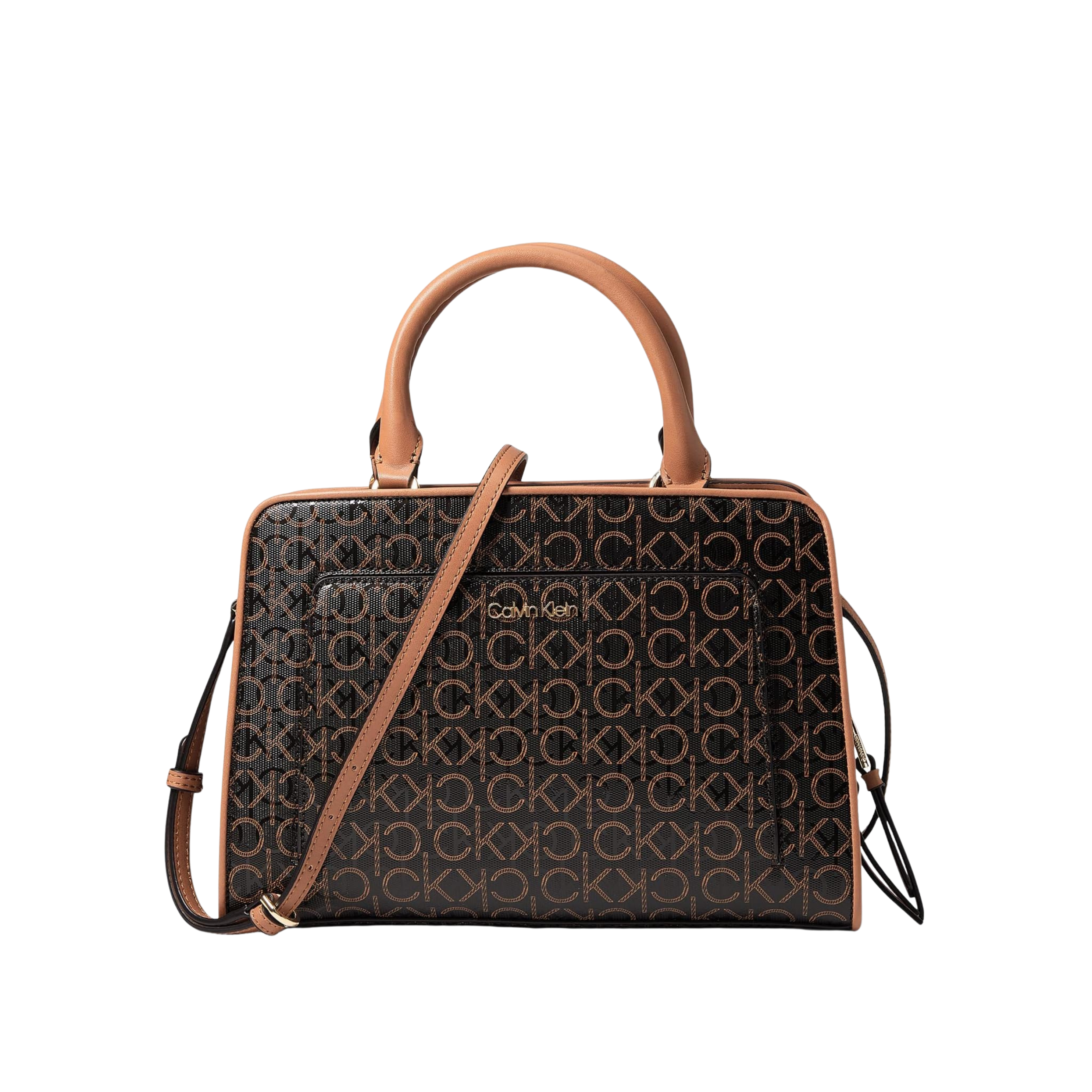 Calvin Klein Women Margot Textured Logo Embossed Satchel Bag - Brown Khaki Caramel Embossed