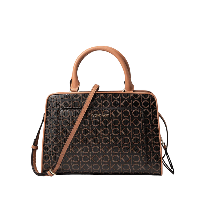 Calvin Klein Women Margot Textured Logo Embossed Satchel Bag - Brown Khaki Caramel Embossed