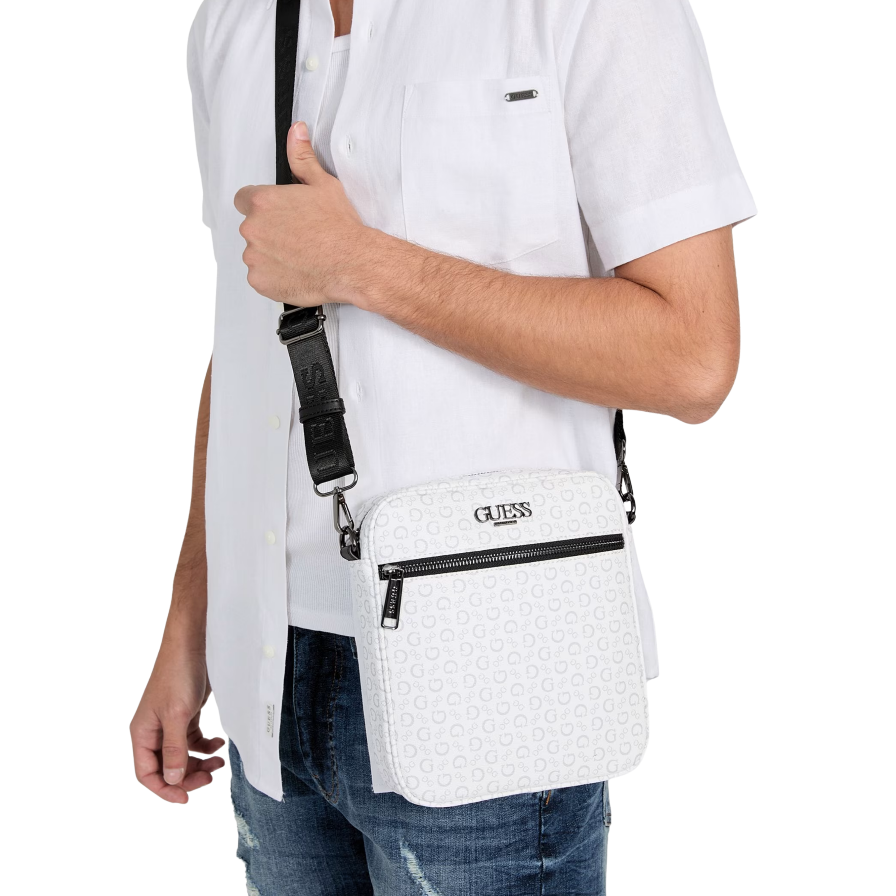 Guess Men Gio Logo Top-Zip Crossbody - White