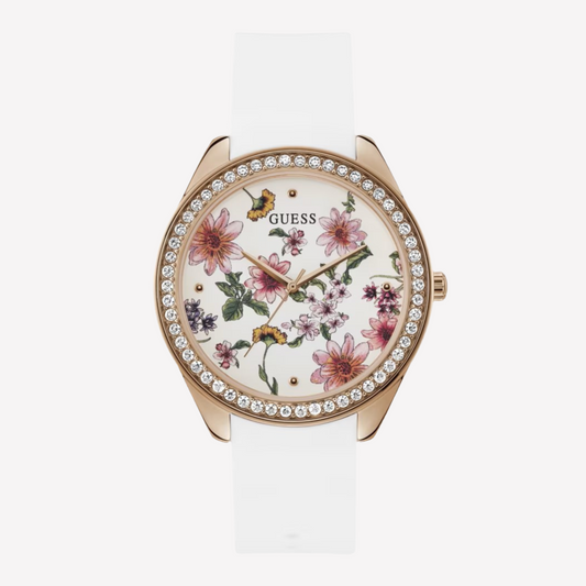 Guess Women Floral and Rhinestone Watch - White