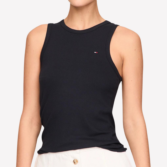 Tommy Hilfiger Women Slim Fit Solid Ribbed Stretch Tank Top - Navy