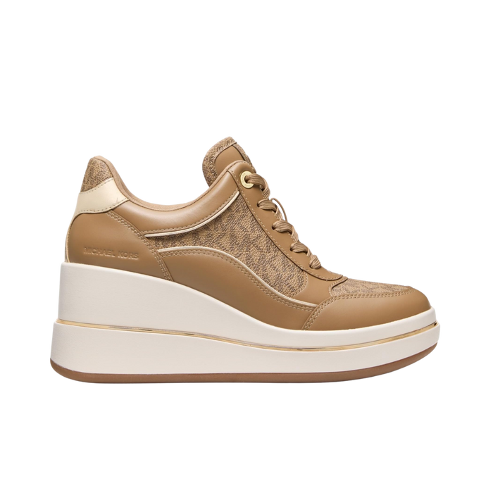 Michael Kors Women Emmy Signature Logo and Leather Wedge Trainer - Husk