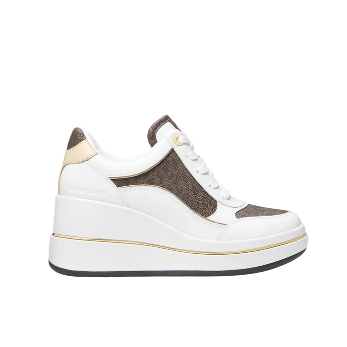 Michael Kors Women Emmy Signature Logo and Leather Wedge Trainer - Brown