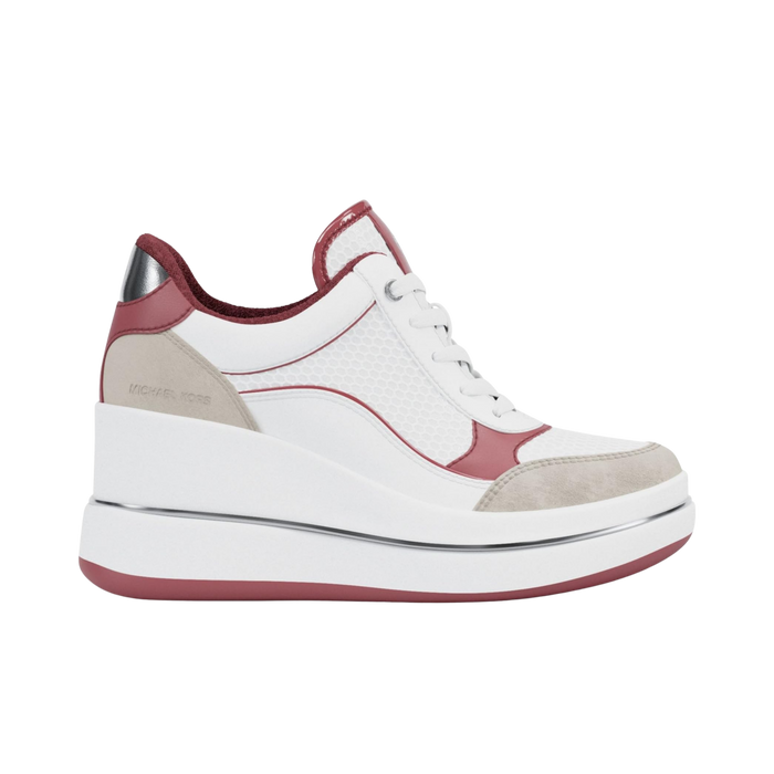 Michael Kors Women Emmy Signature Logo and Leather Wedge Trainer - Solid Color Block Rosewood