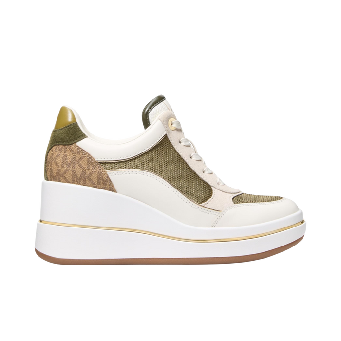 Michael Kors Women Emmy Signature Logo and Leather Wedge Trainer - Husk Multi