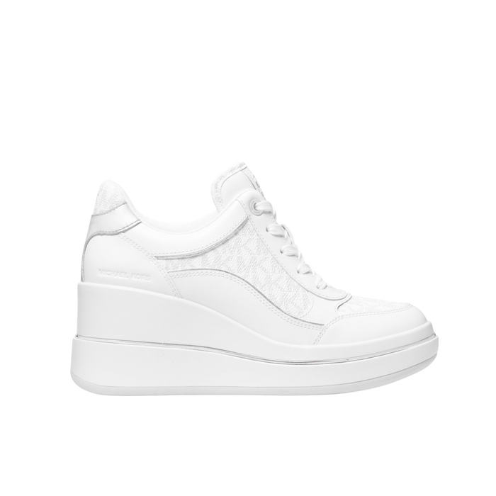 Michael Kors Women Emmy Signature Logo and Leather Wedge Trainer - Bright White