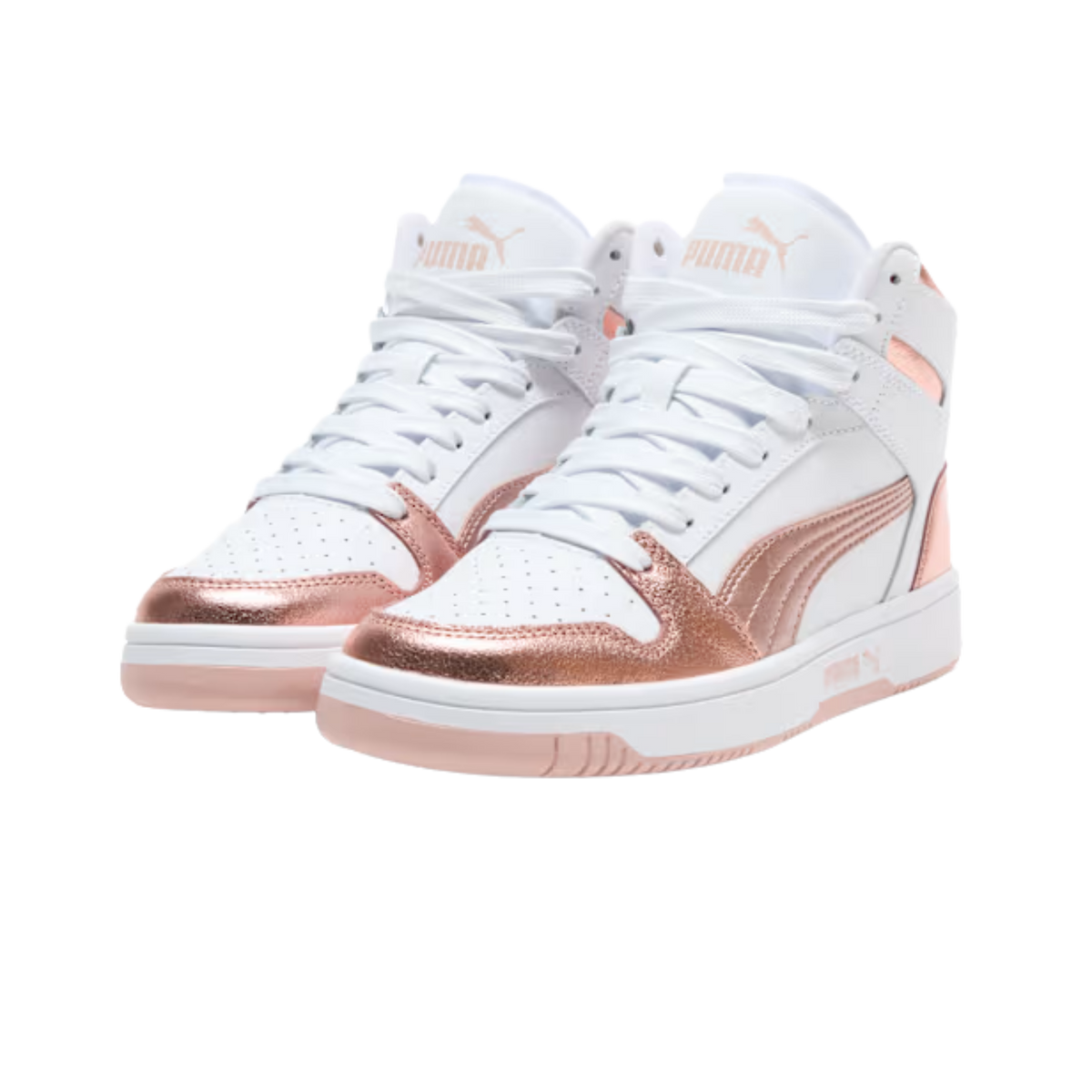 Puma Women Rebound Layup Metallic Mid Sneakers - White Rose Gold Rose Quartz