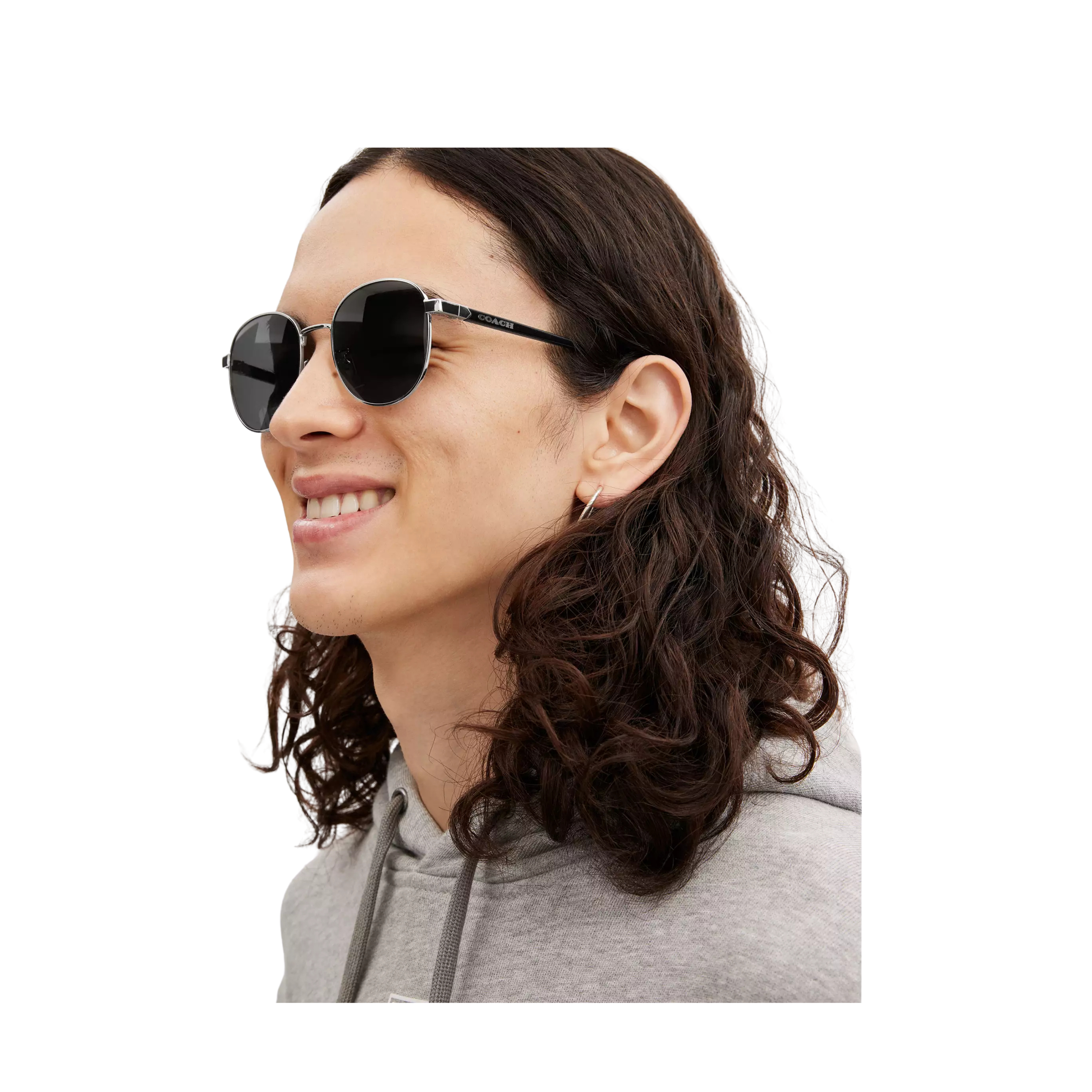 COACH Men Metal Round Sunglasses - Silver Black