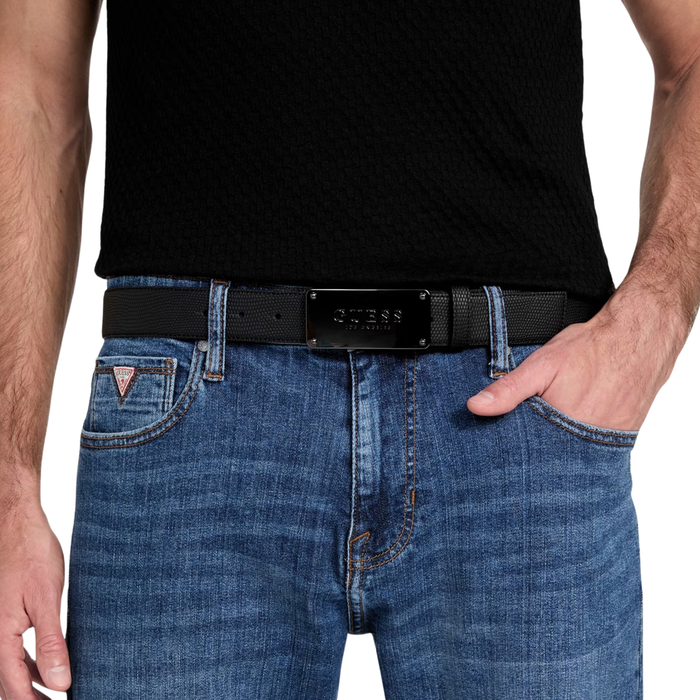 Guess Men Logo Plaque Textured Belt - Black