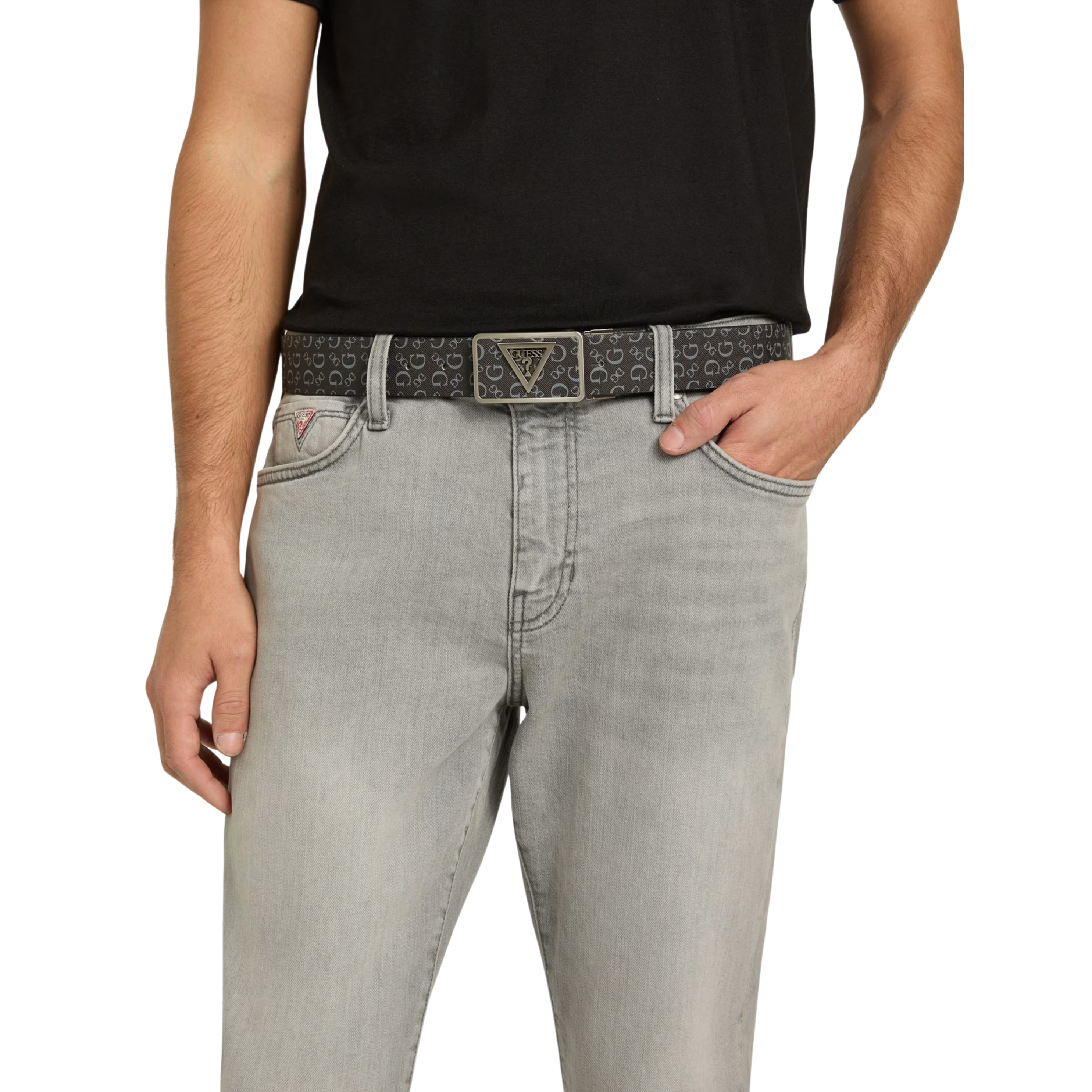 Guess Men Textured Plaque Buckle Belt - Gray