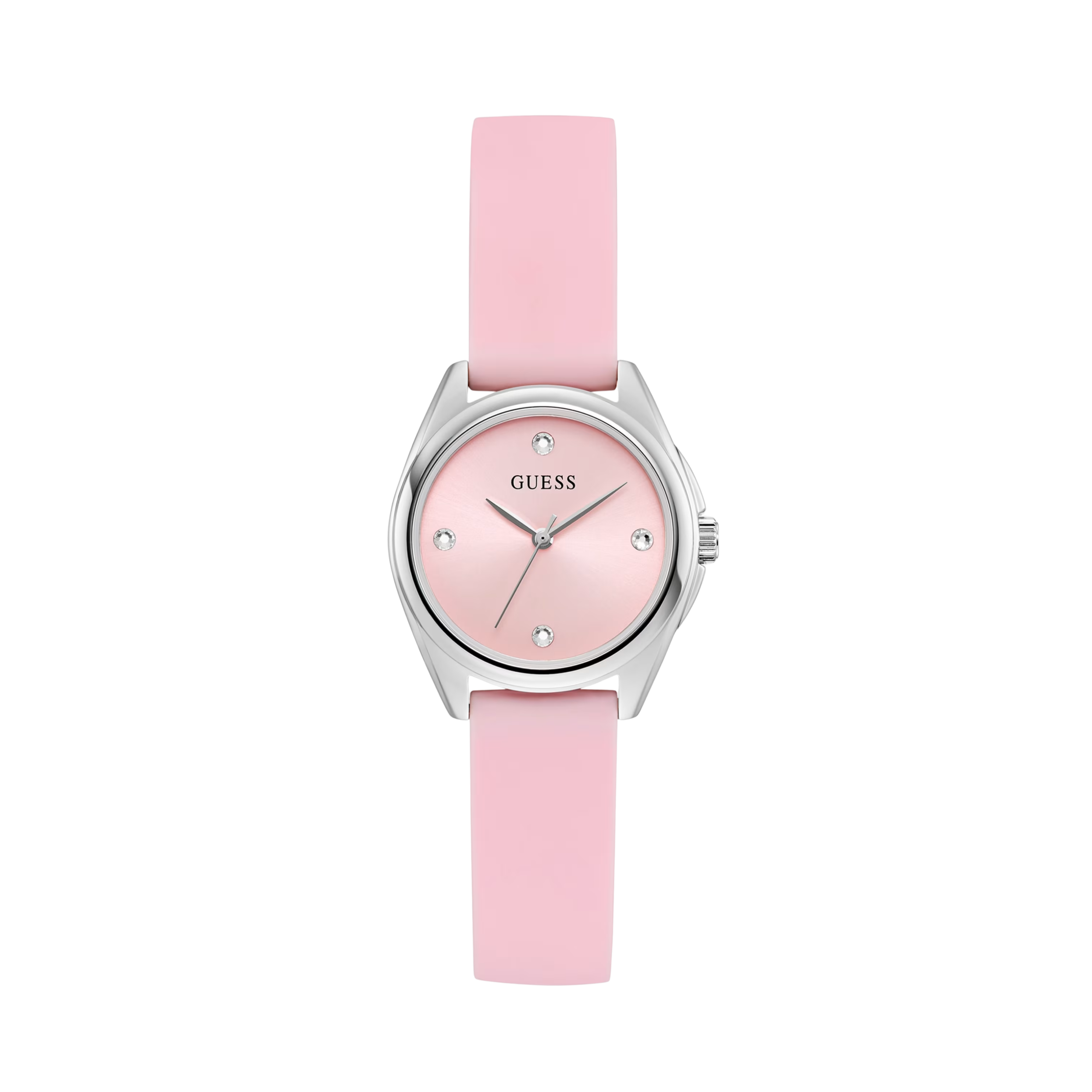 Guess Women Silver-Tone Crystal and Pink Silicone Analog Watch - Pink