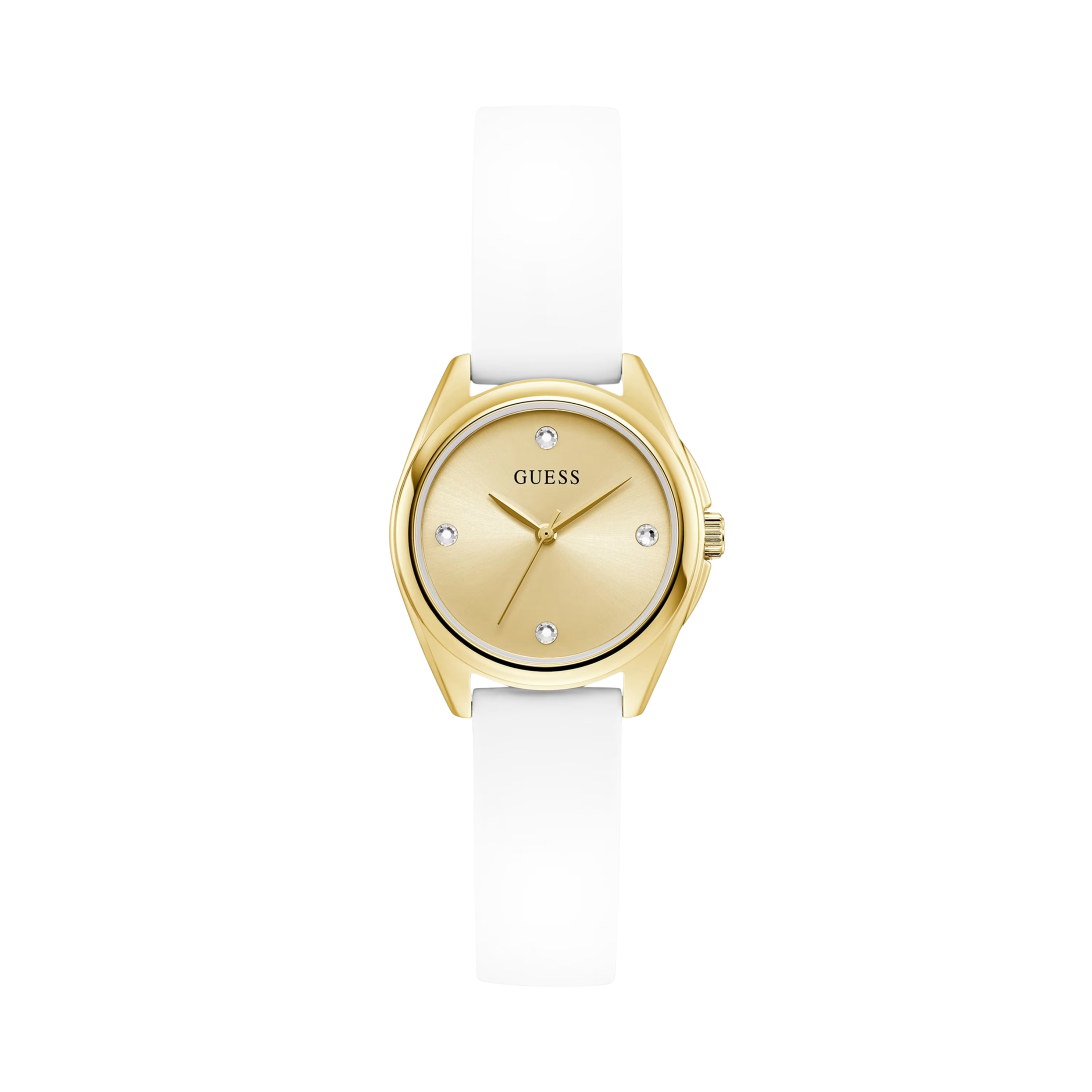 Guess Women Gold-Tone Crystal and White Silicone Analog Watch - White Gold