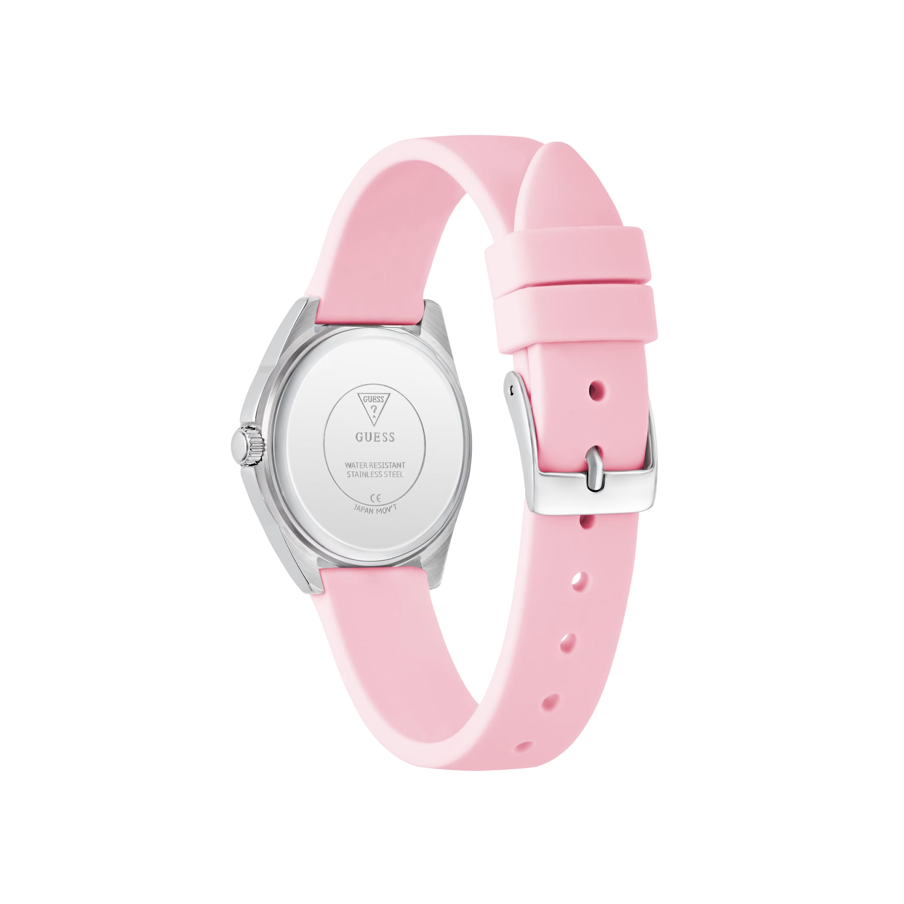 Guess Women Silver-Tone Crystal and Pink Silicone Analog Watch - Pink