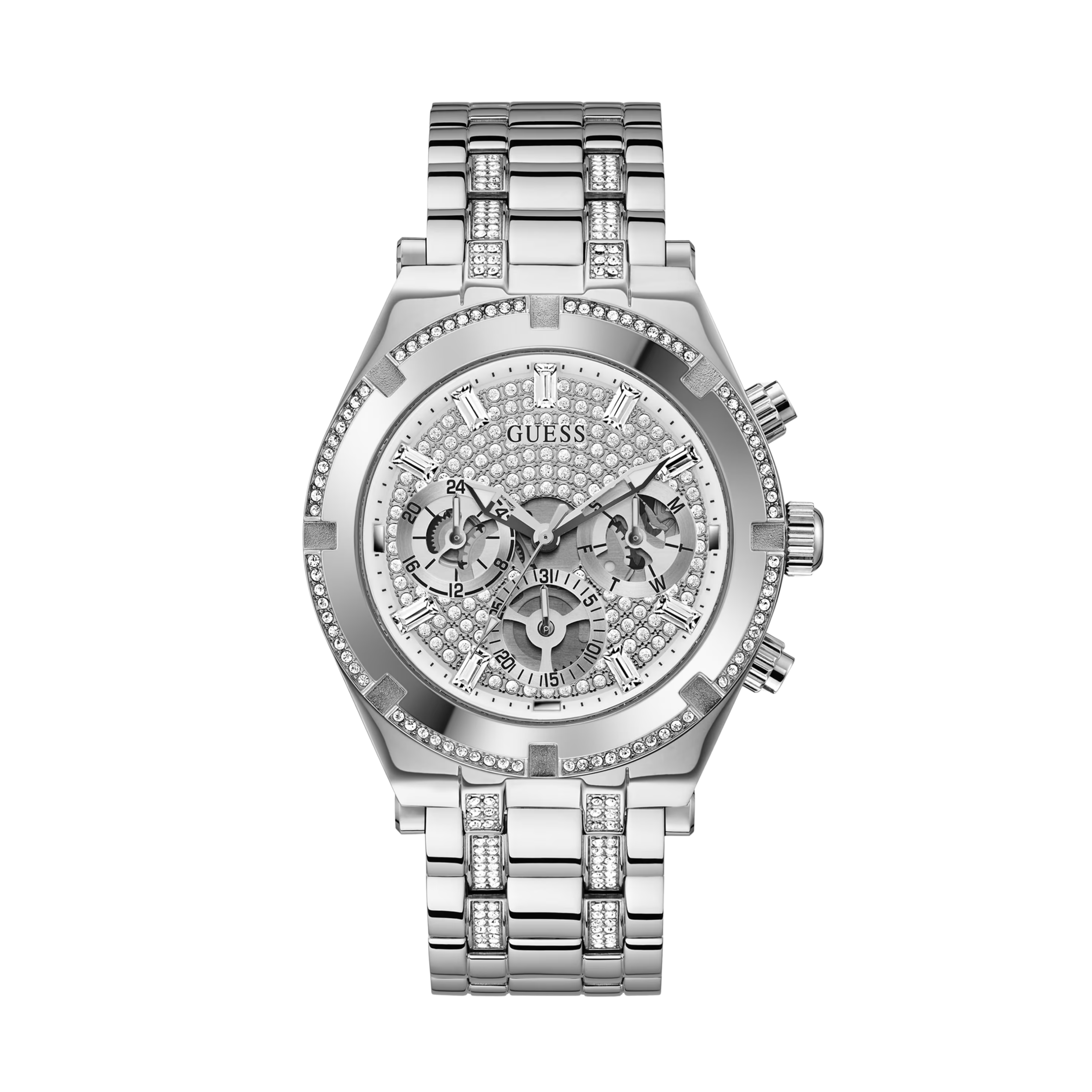 Guess Men Silver-Tone Crystal Multifunction Watch