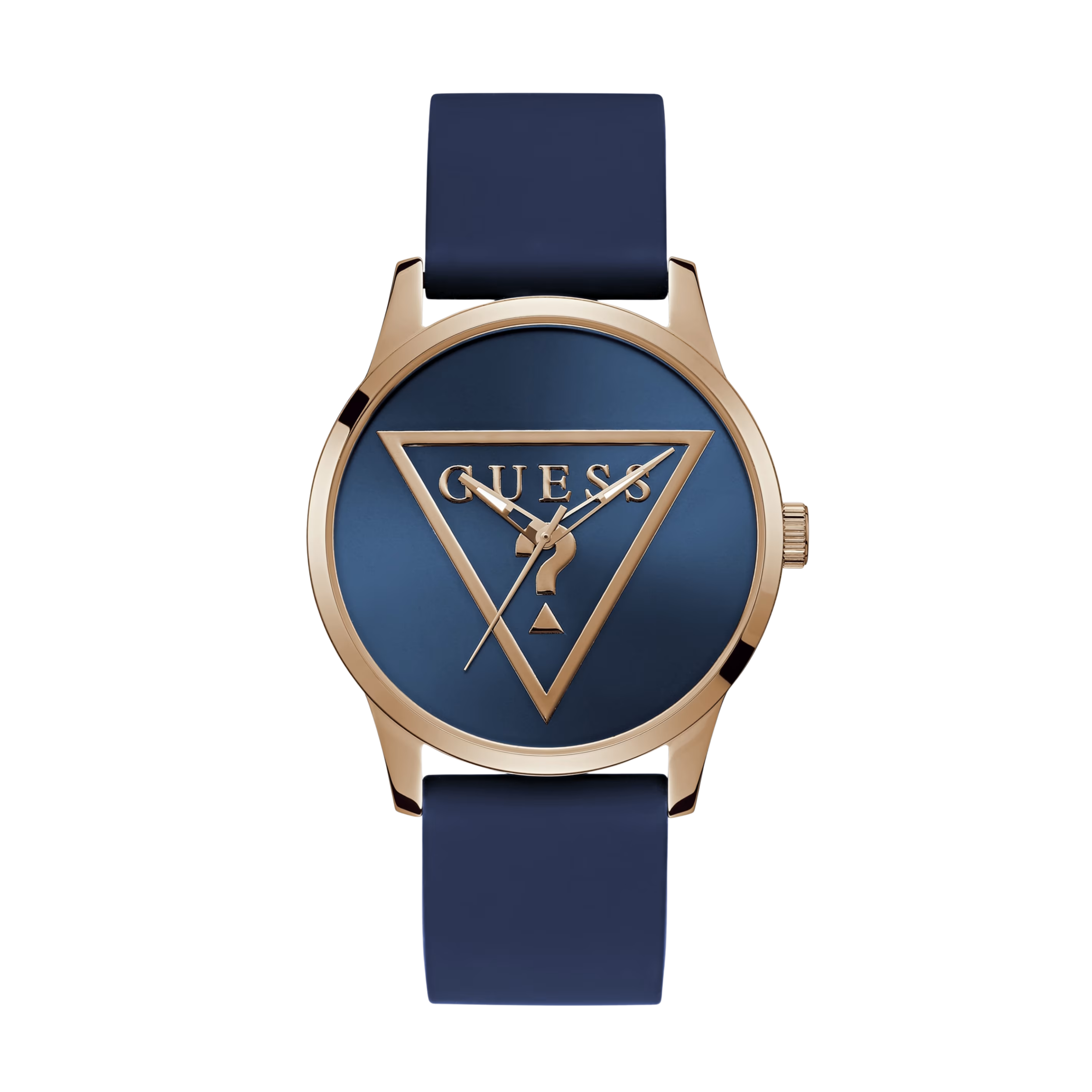 Guess Men Rose Gold-Tone Triangle and Blue Silicone Analog Watch - Blue