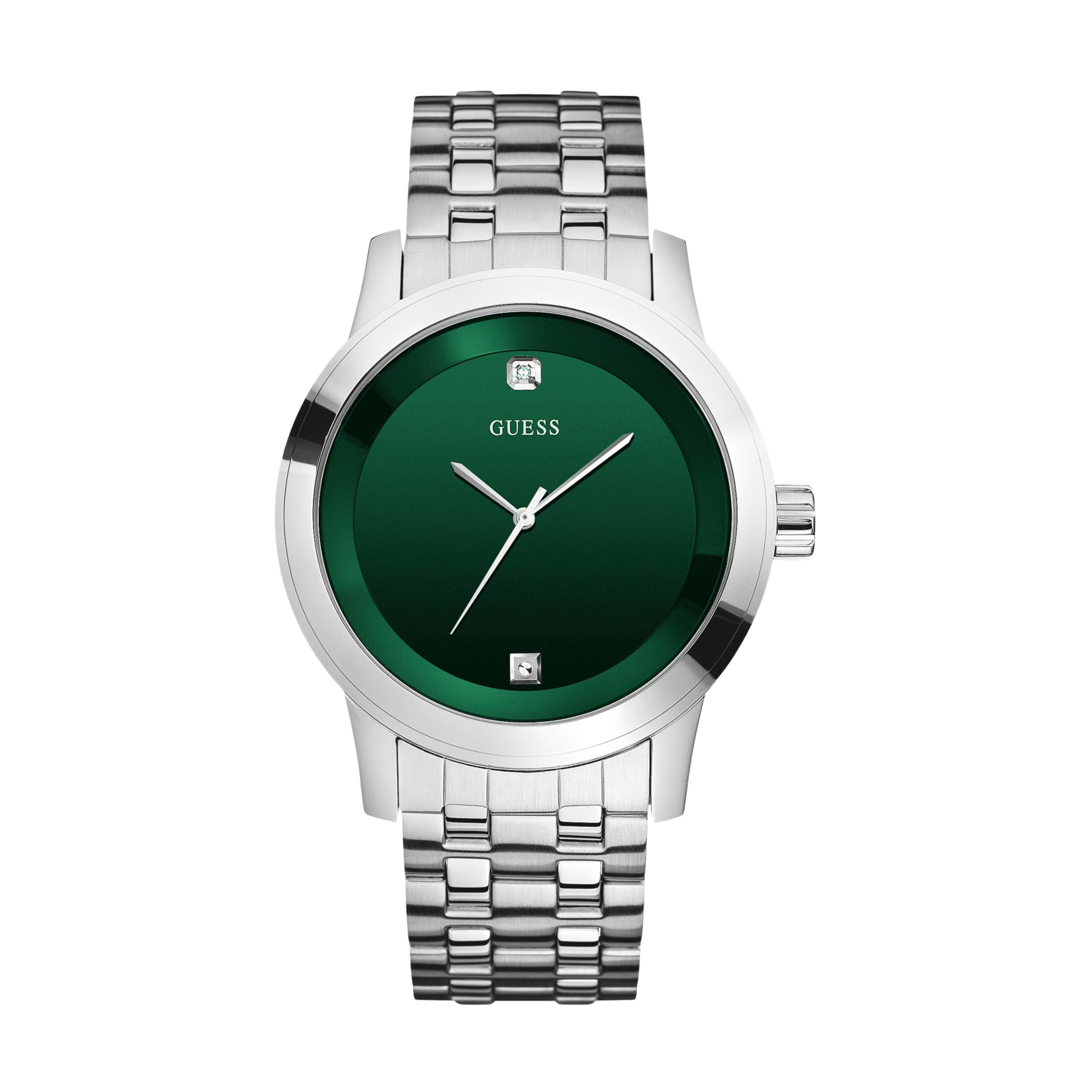 Guess Men Silver-Tone and Green Analog Watch