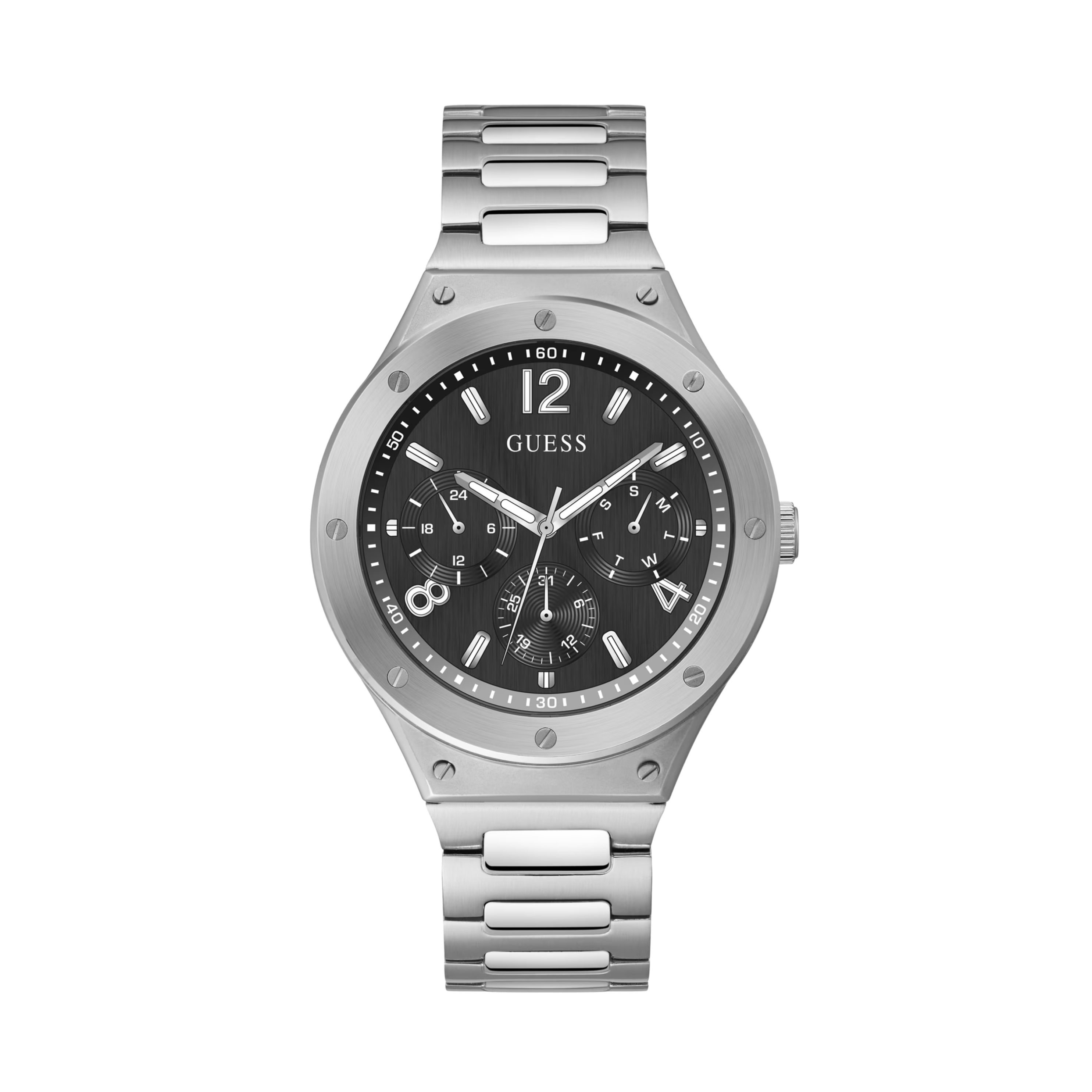 Guess Men Silver-Tone and Black Multifunction Watch - Silver