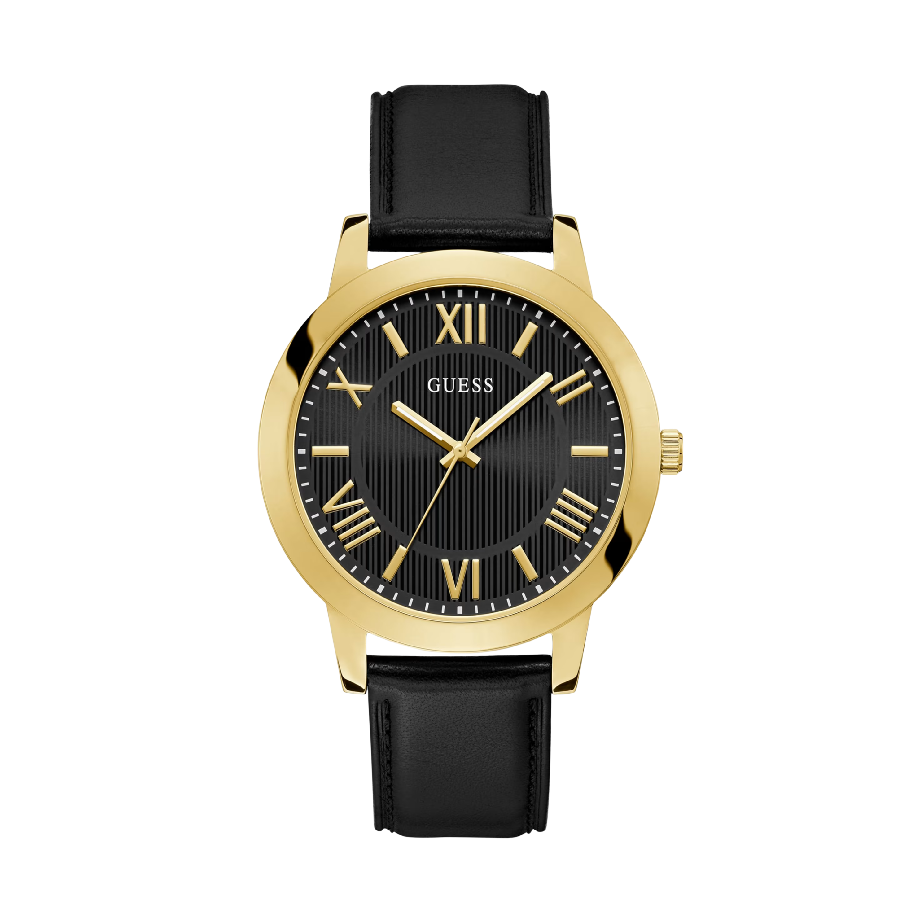 Guess Men Gold-Tone and Black Leather Analog Watch - Black