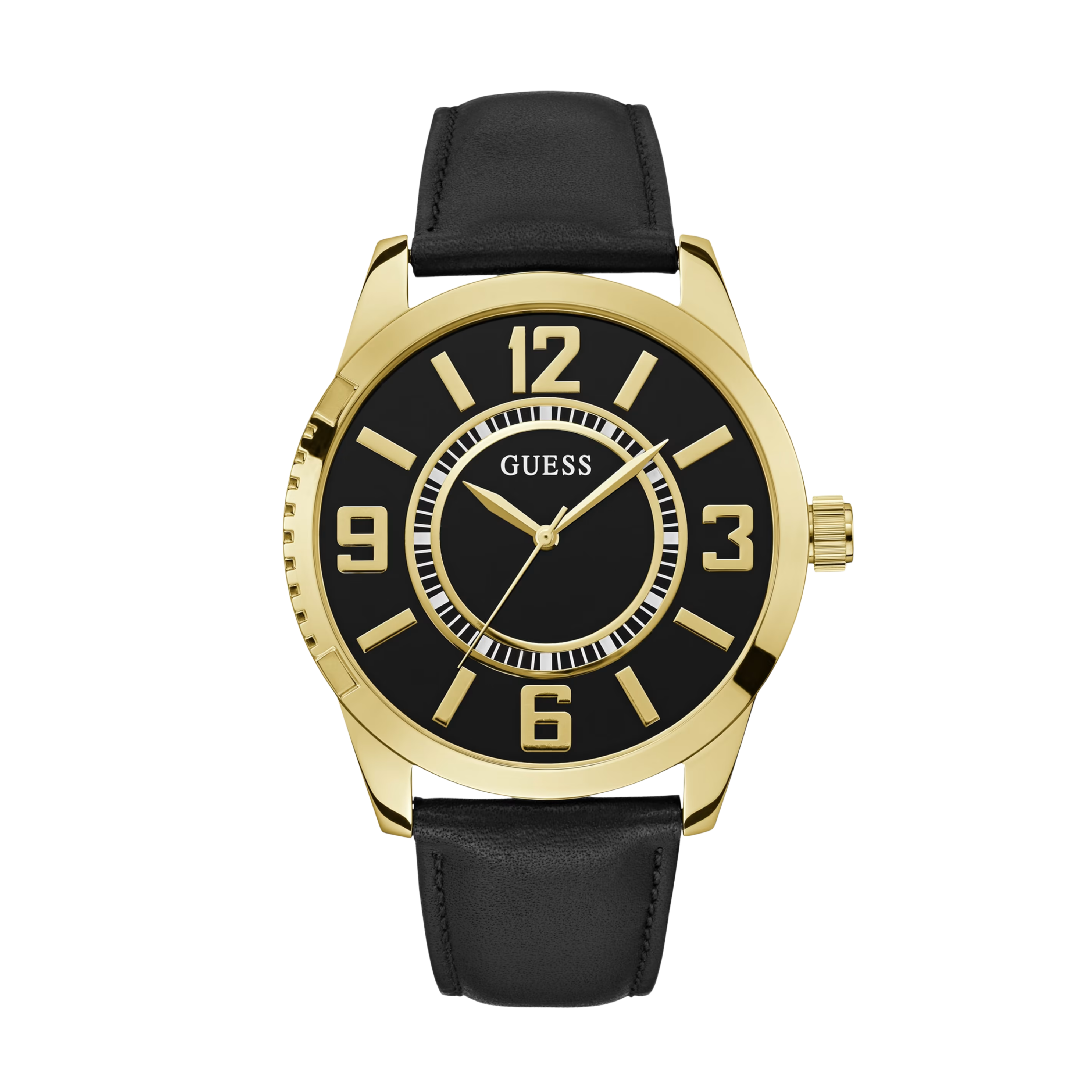 Guess Men Gold-Tone Leather Analog Watch - Black