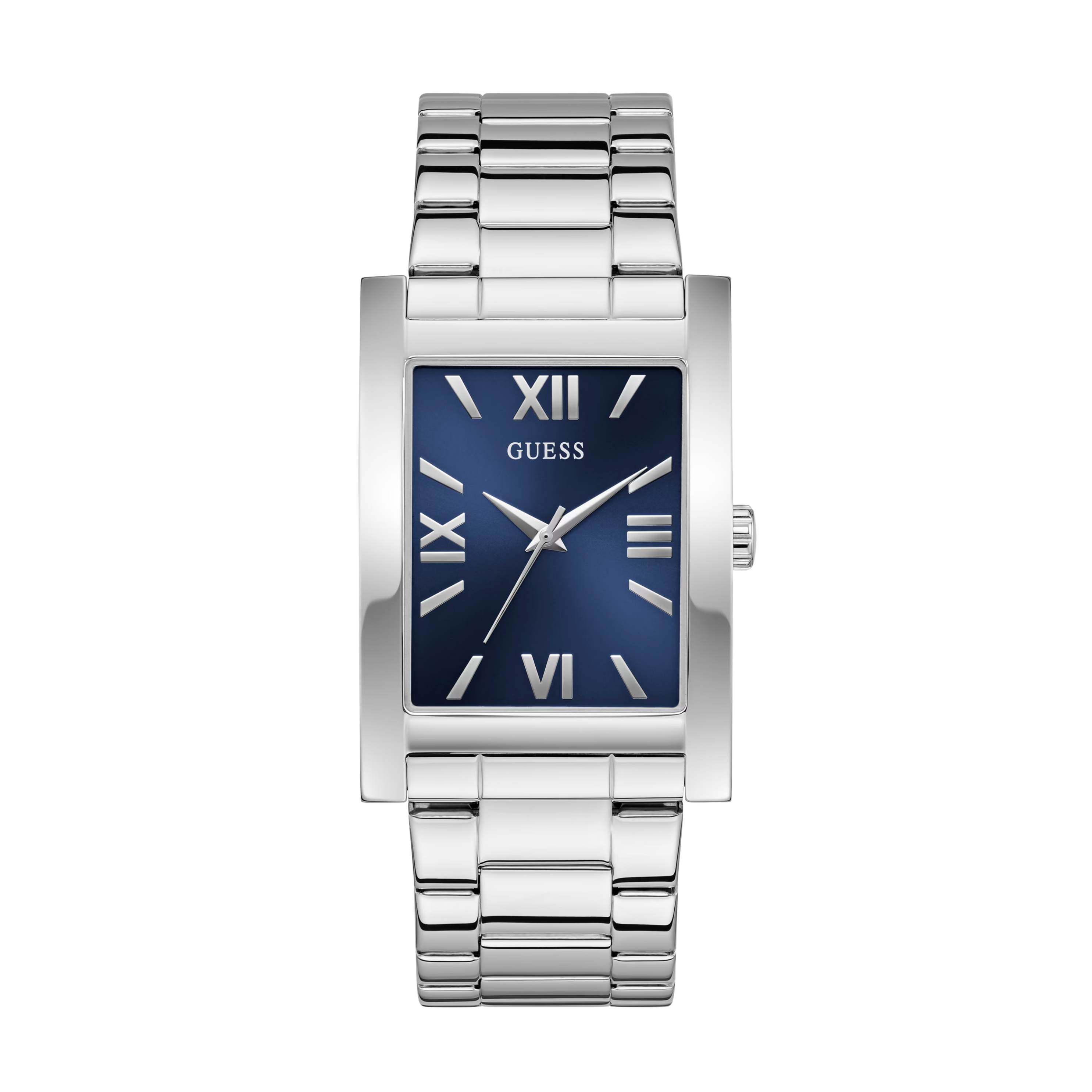 Guess Men Silver-Tone and Blue Square Analog Watch - Silver