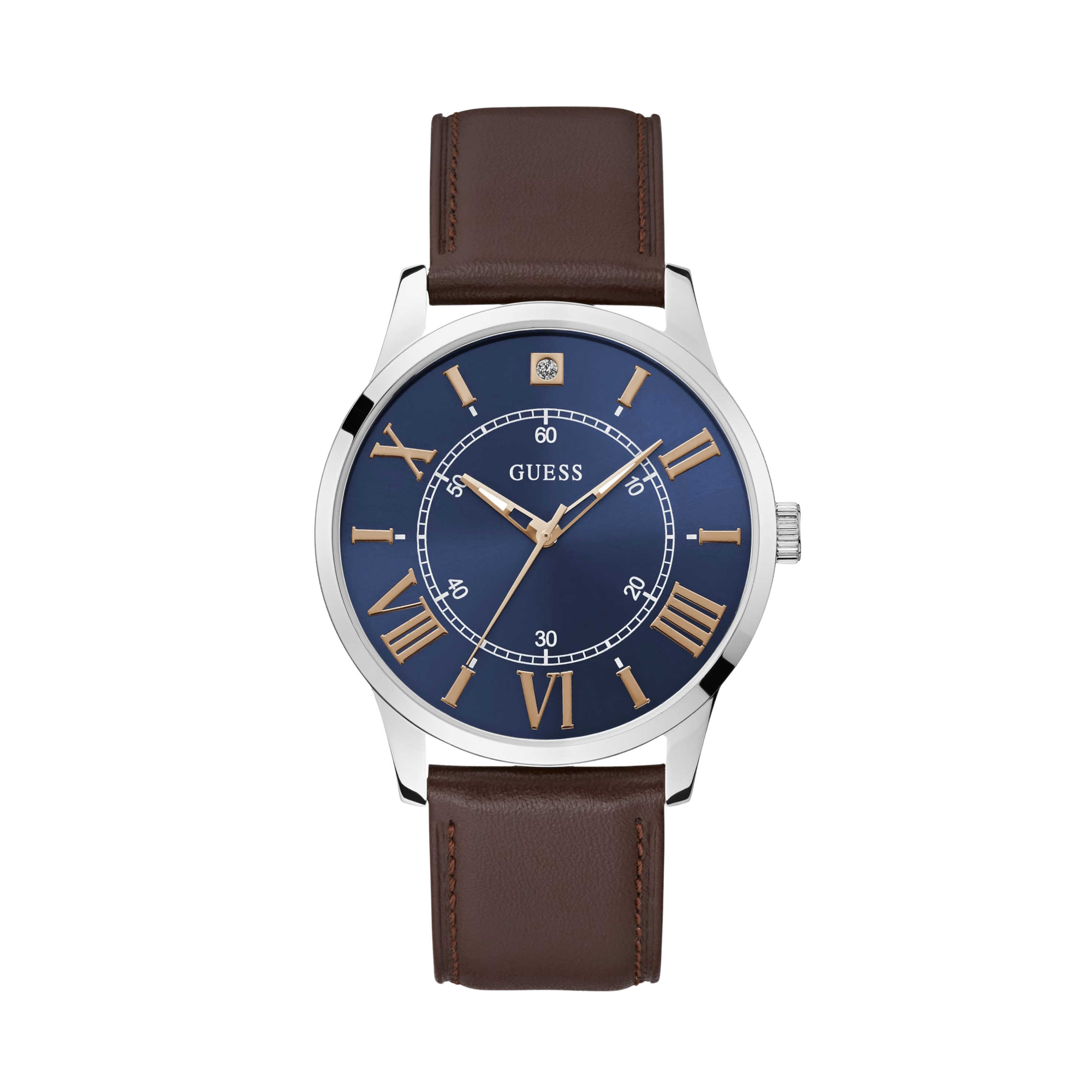 Guess Men Silver-Tone and Brown Leather Analog Watch - Brown