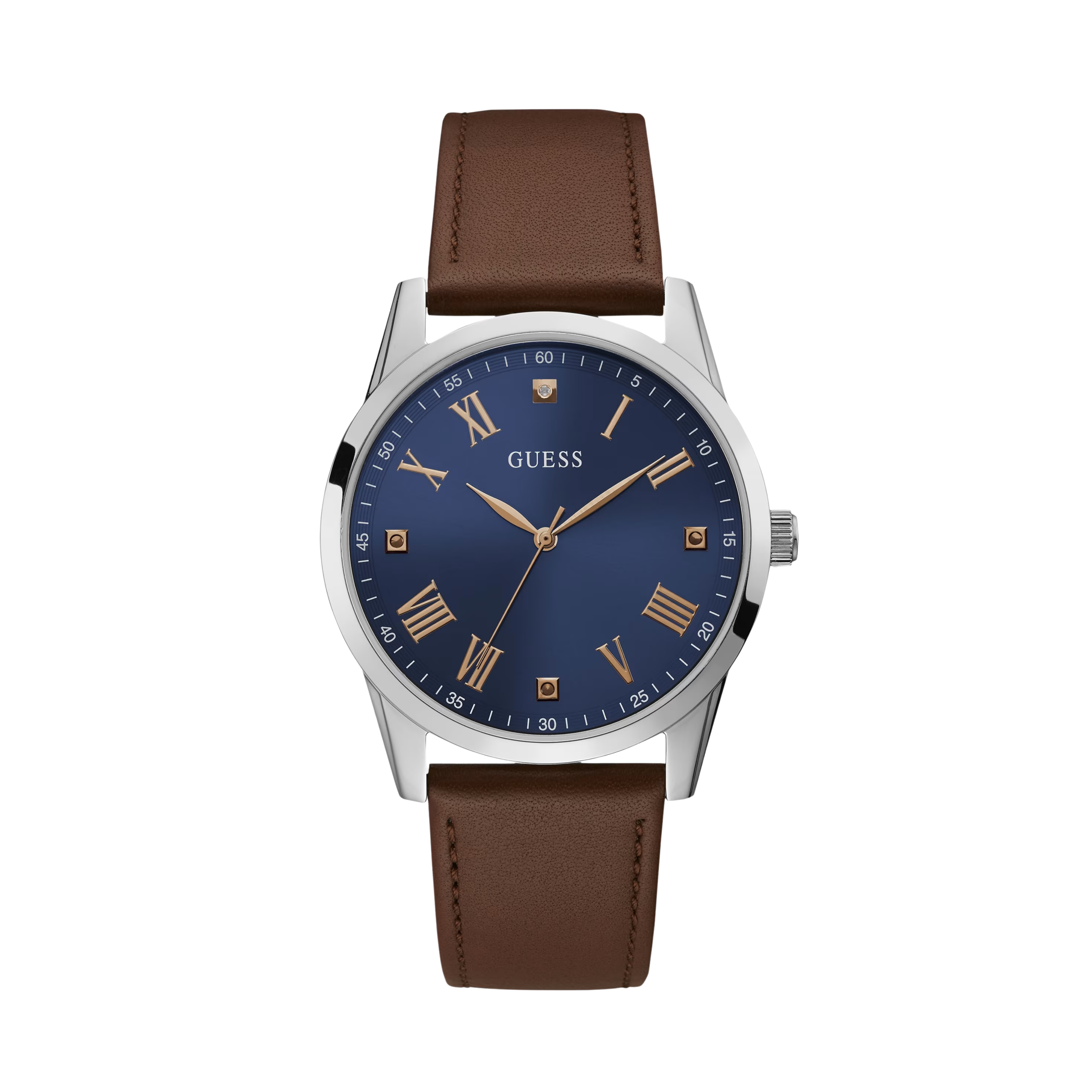 Guess Men Silver-Tone Leather Analog Watch - Brown