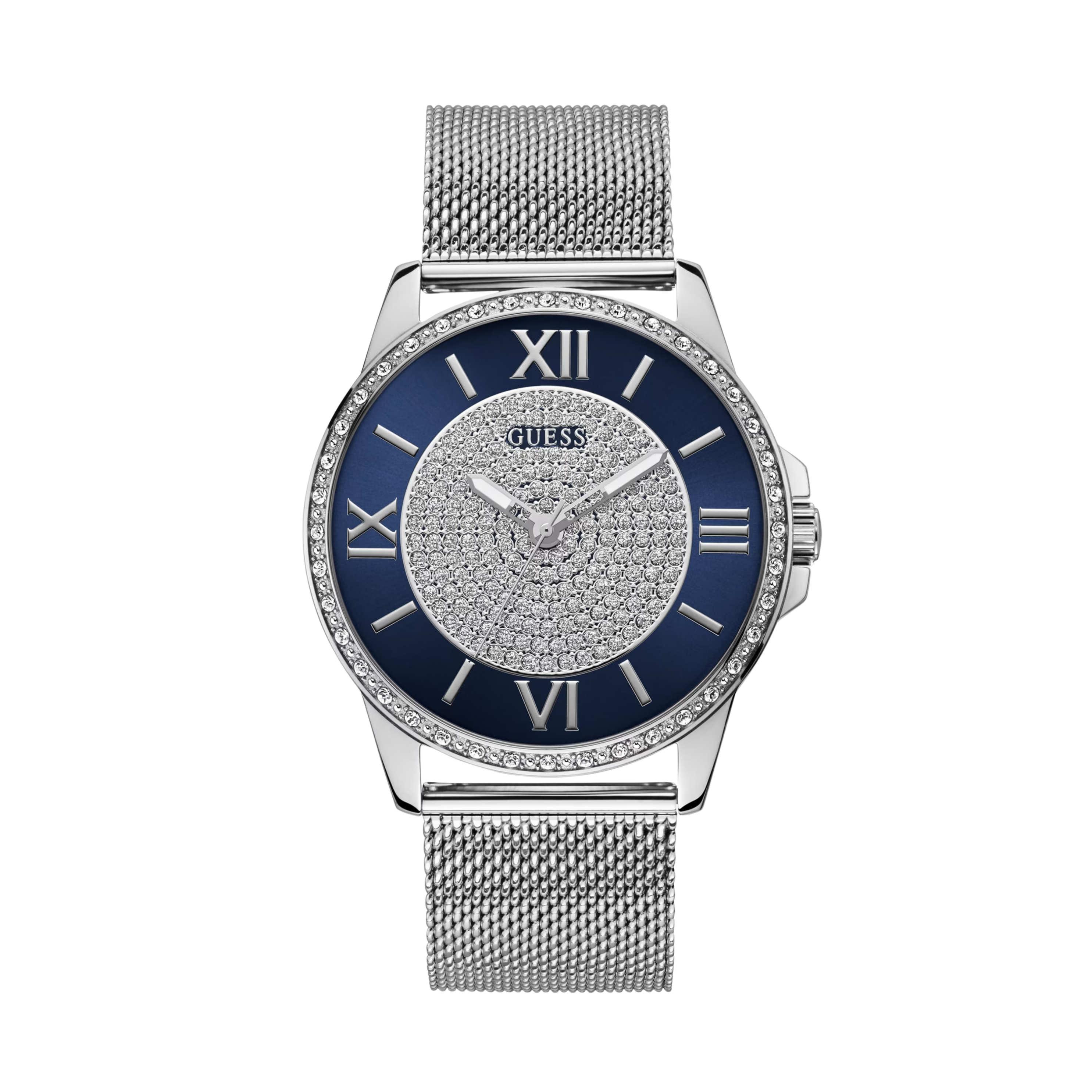 Guess Men Blue and Silver-Tone Analog Mesh Watch - Silver