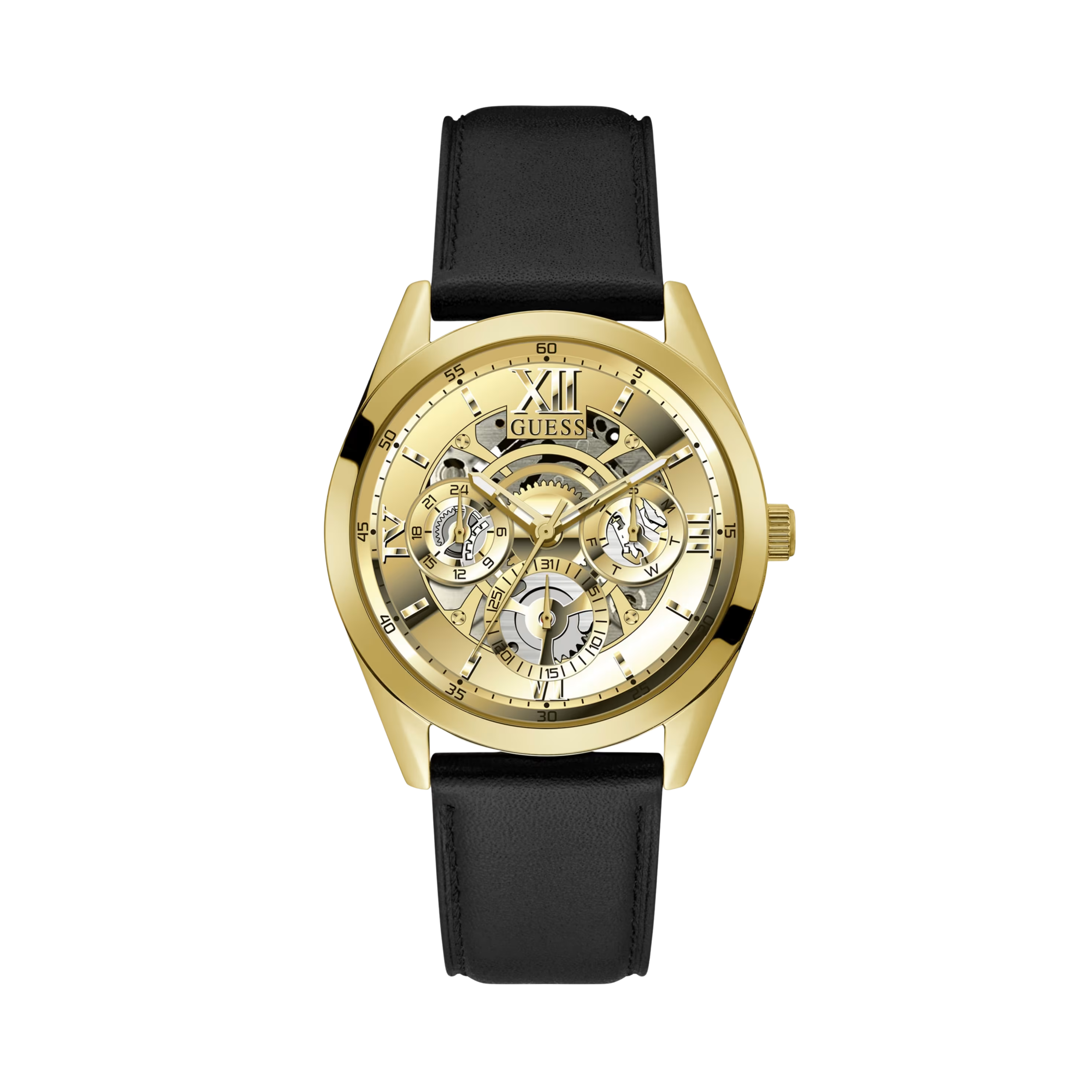Guess Men Black and Gold-Tone Leather Multifunction Watch - Black