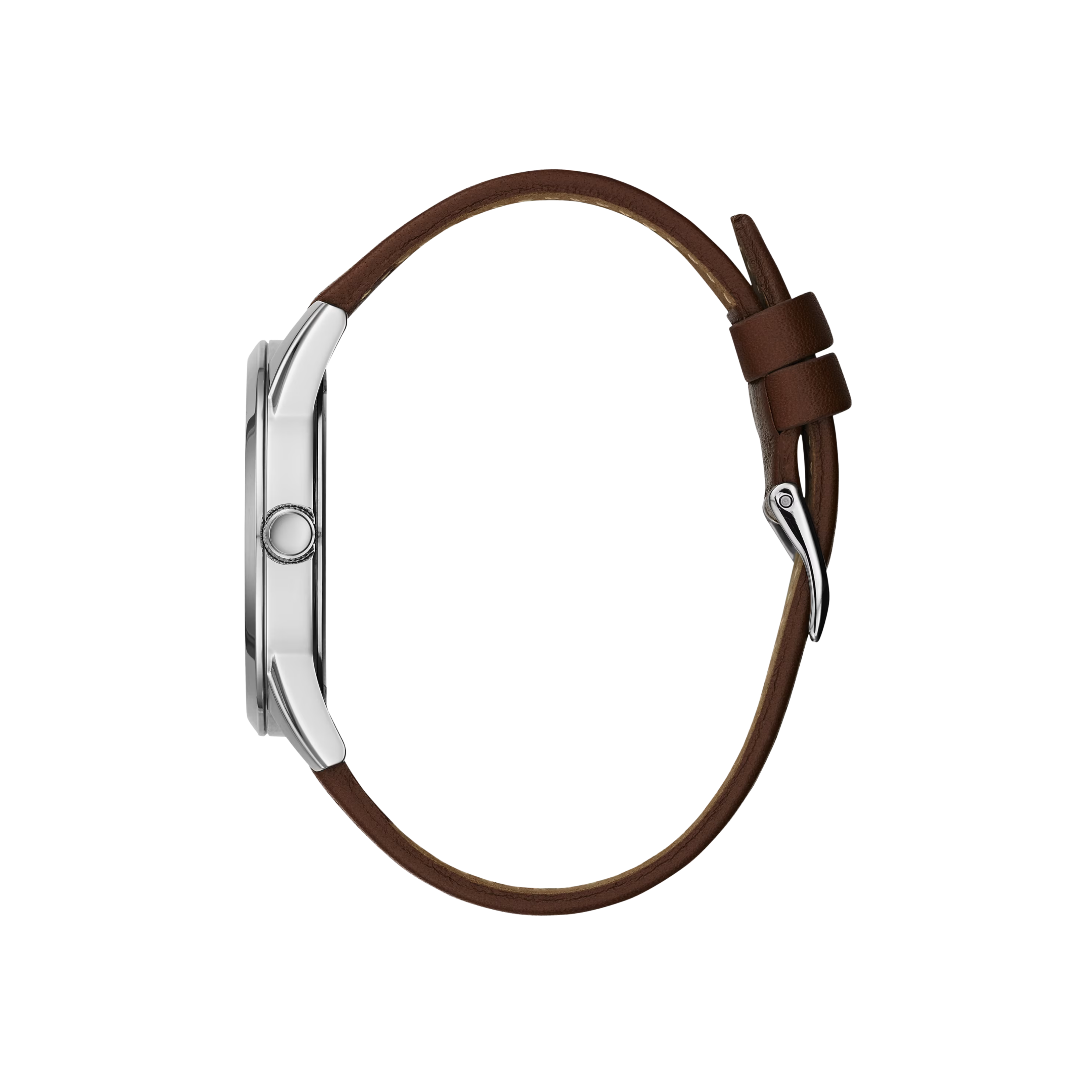 Guess Men Silver-Tone Leather Analog Watch - Brown