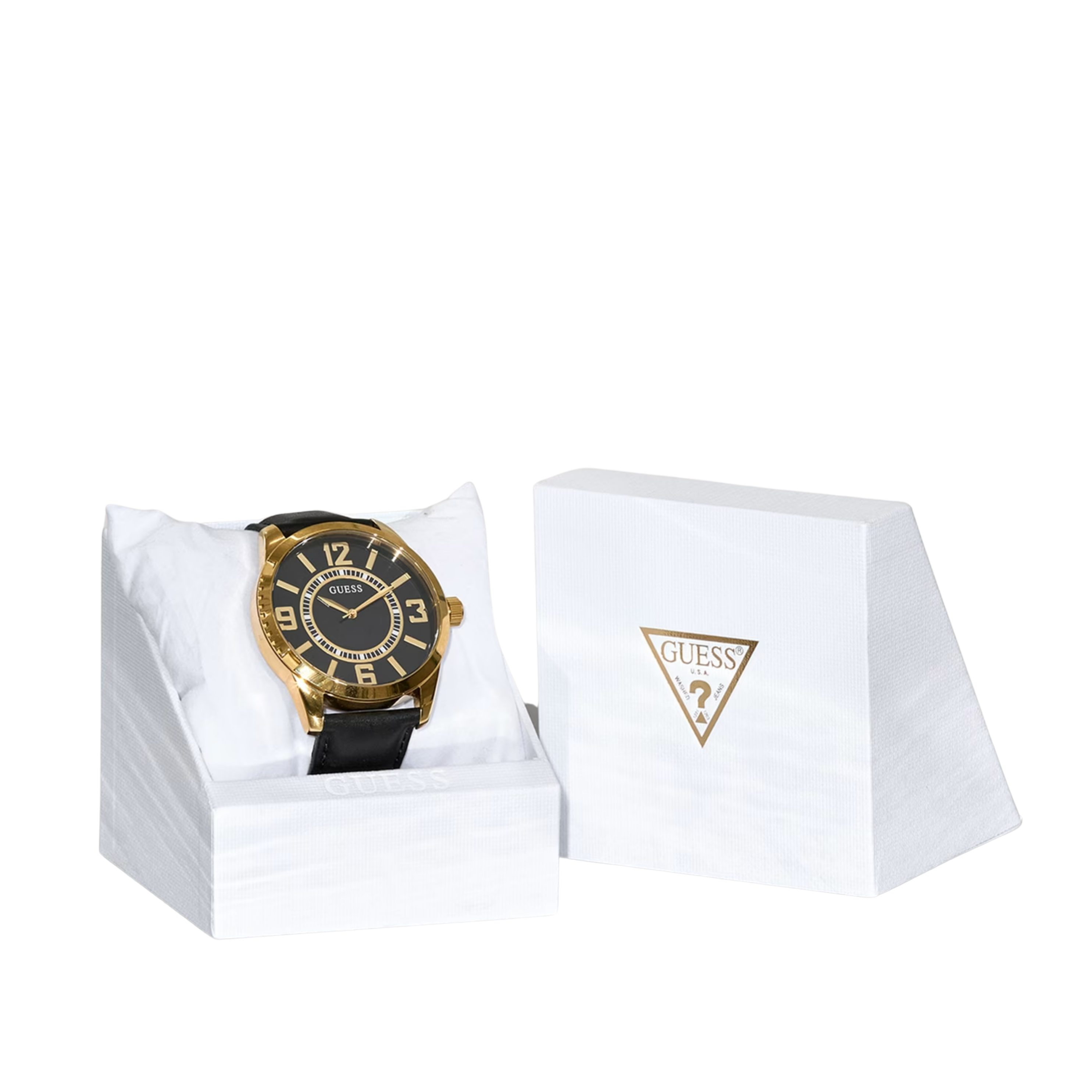 Guess Men Gold-Tone Leather Analog Watch - Black