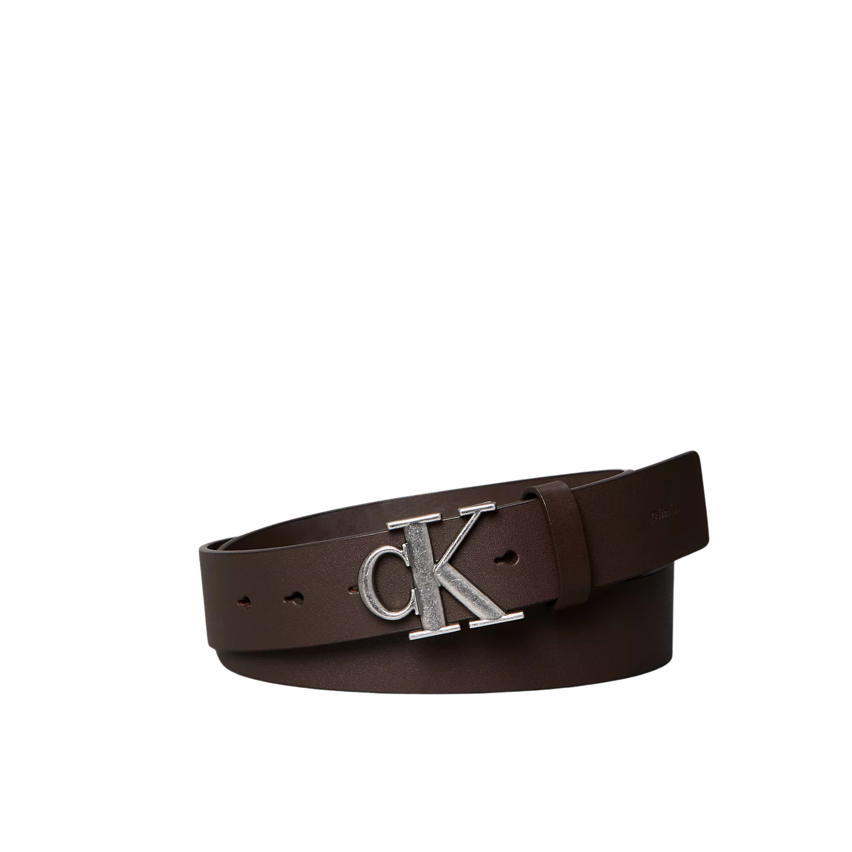 Calvin Klein Men Monogram Logo Belt - Ck Dark Brown Antique Silver
