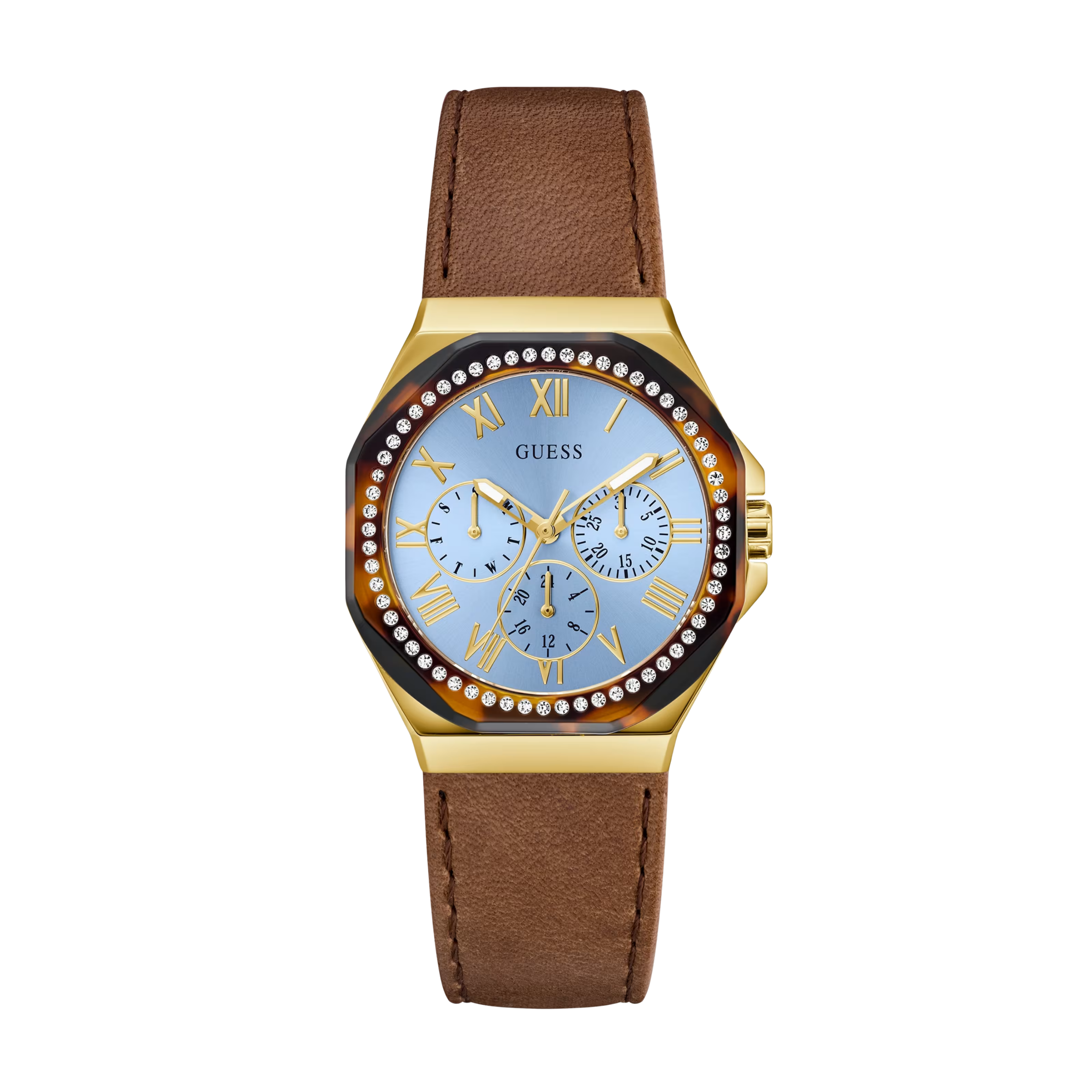 Guess Women Multi Tone and Brown Leather Multifunctional Watch GW0753L6 - Brown
